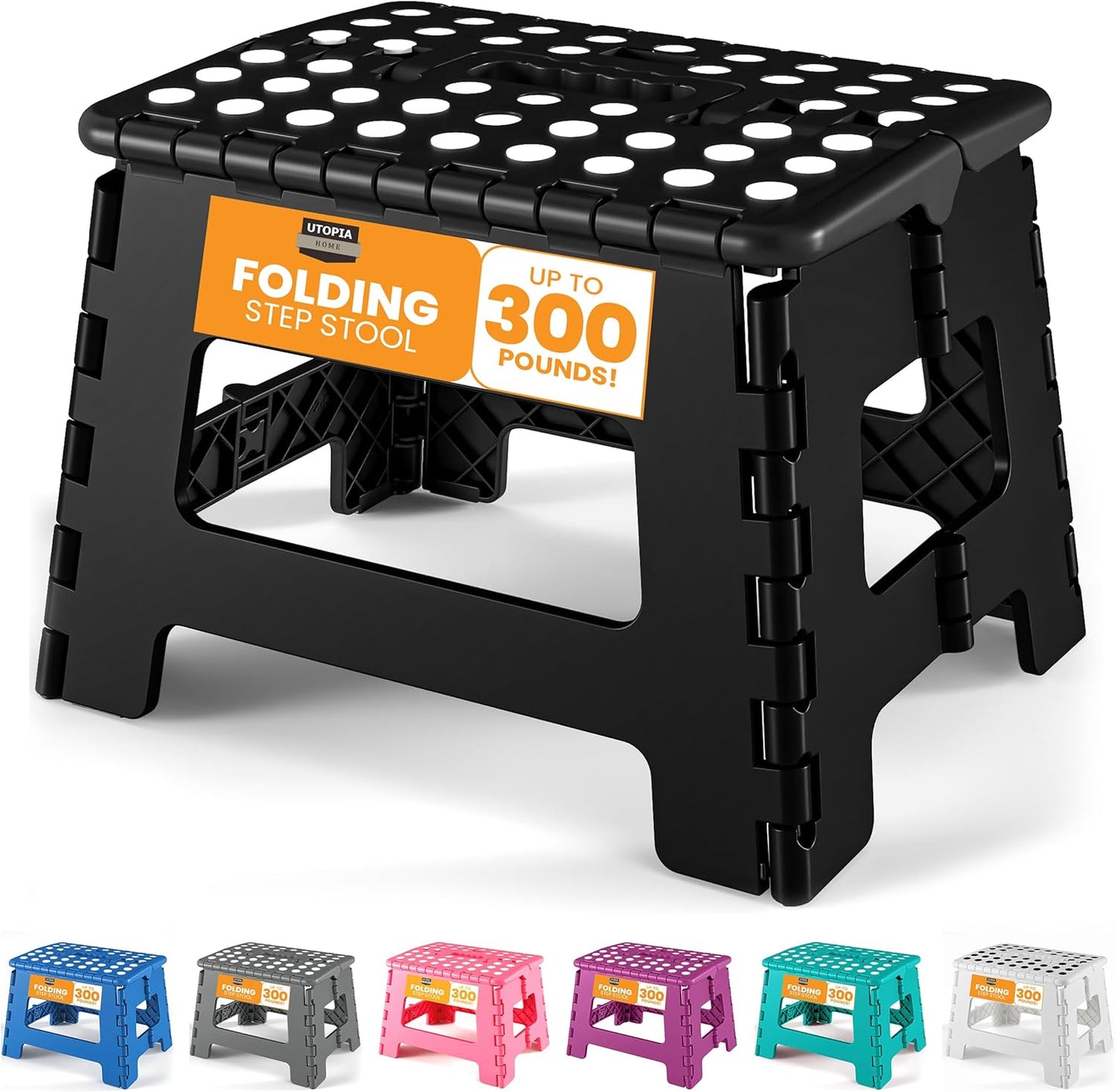 Folding Step Stool with Handle - (Pack of 1) Anti-Slip Foot Stool with 9 Inch Height - Holds up to 300 Lbs - Sturdy Plastic Foldable Step Stool for Kitchen, Bathroom & Living Room (Black)