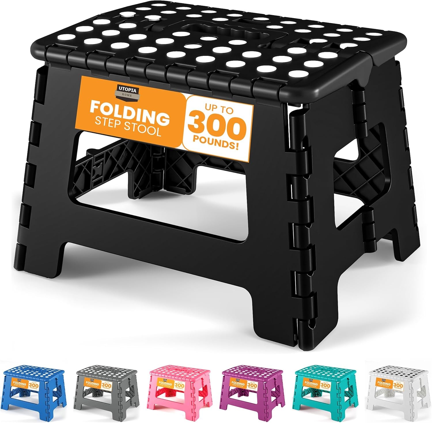 Folding Step Stool with Handle - (Pack of 1) Anti-Slip Foot Stool with 9 Inch Height - Holds up to 300 Lbs - Sturdy Plastic Foldable Step Stool for Kitchen, Bathroom & Living Room (Black)