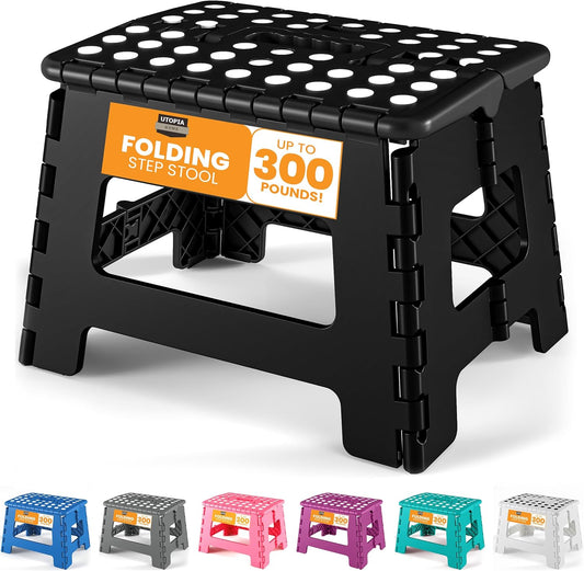 Folding Step Stool with Handle - (Pack of 1) Anti-Slip Foot Stool with 9 Inch Height - Holds up to 300 Lbs - Sturdy Plastic Foldable Step Stool for Kitchen, Bathroom & Living Room (Black)