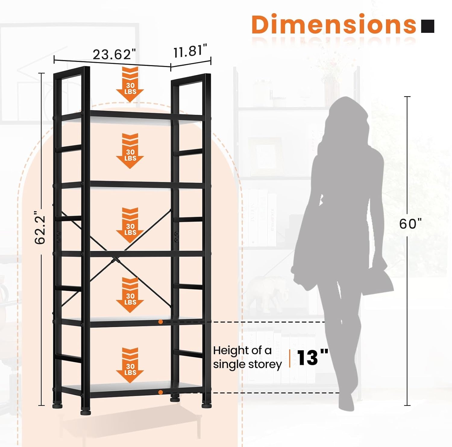 Book Shelf, 5 Tier Bookcase, Modern Tall Bookshelf for Garage Kit, Cds, Movies, Industrial Corner Storage Organizer for Bedroom Home Office Kitchen Living Room, Black