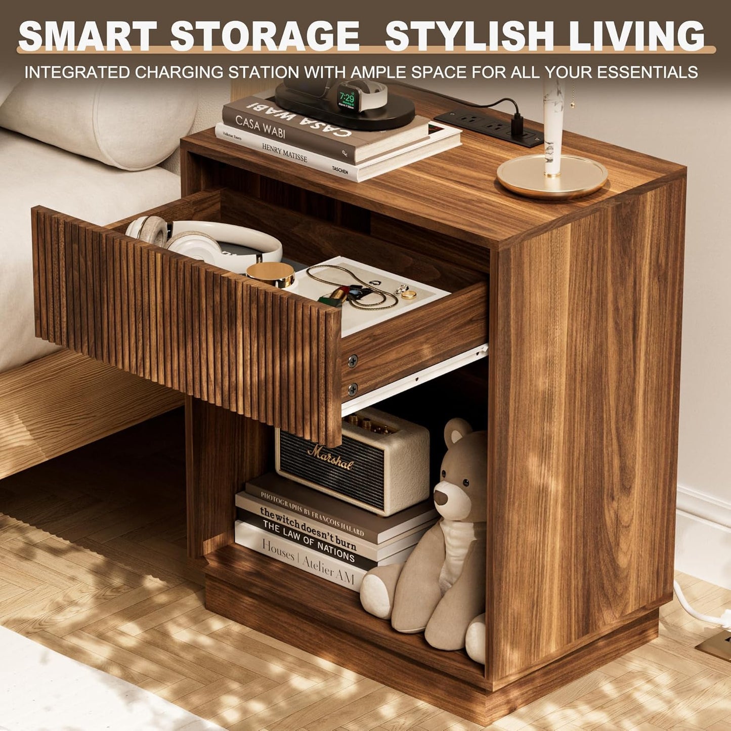 Fluted Nightstands Set of 2, Night Stand with Charging Station, Modern Bed Side Table with Drawer and Storage Shelf, Wood Mid Century End Table for Bedroom Living Room (Walnut)
