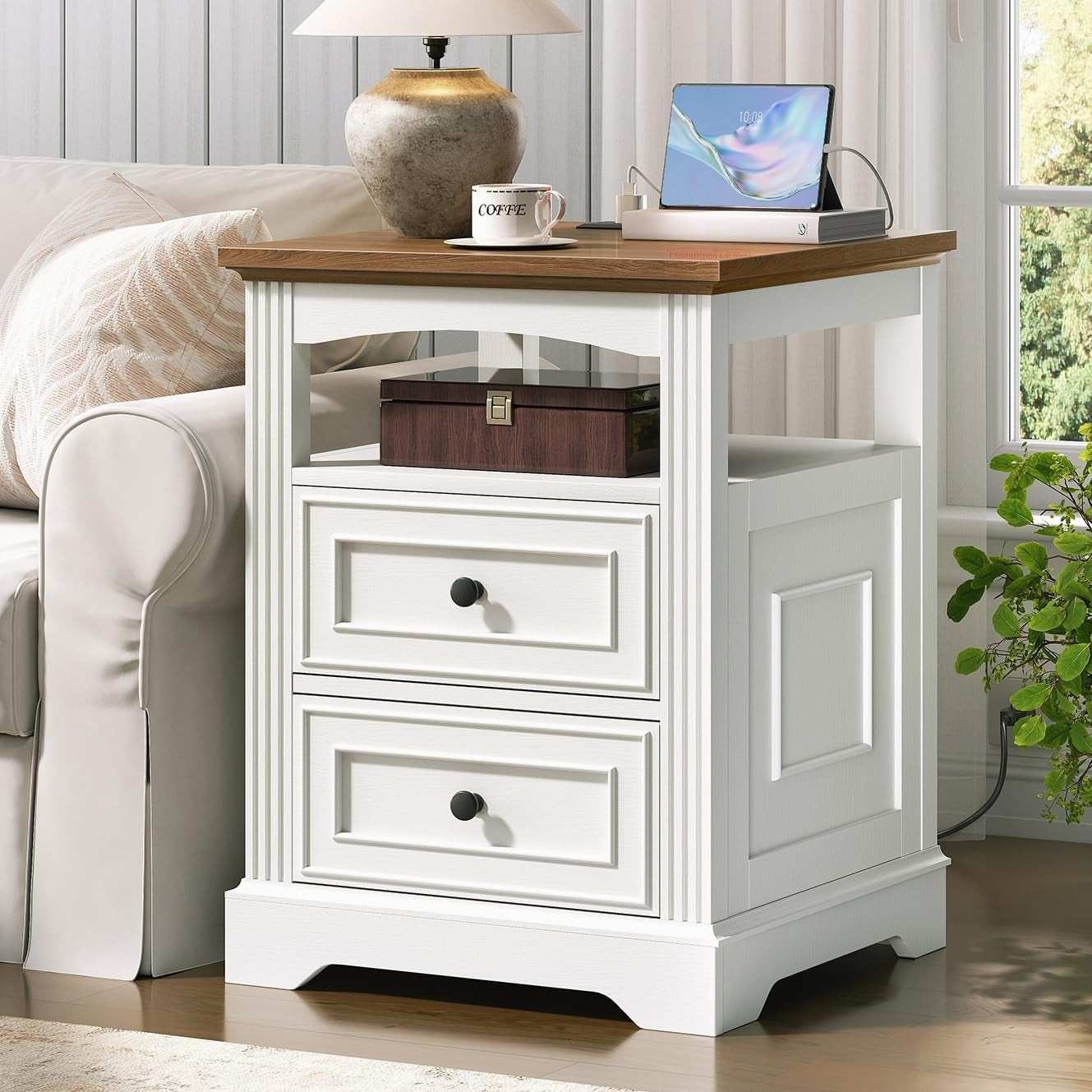 Farmhouse End Table with Charging Station, Large Side Table with Drawers and Open Shelf, Square Rustic Wooden Nightstand for Living Room, White and Walnut