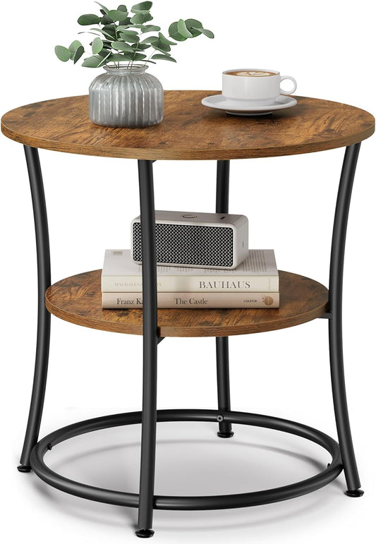 Side Table, 2-Tier round End Table, Nightstand with Steel Frame for Small Spaces, Living Room, Bedroom, Rustic Brown and Ink Black
