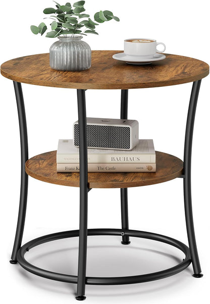 Side Table, 2-Tier round End Table, Nightstand with Steel Frame for Small Spaces, Living Room, Bedroom, Rustic Brown and Ink Black