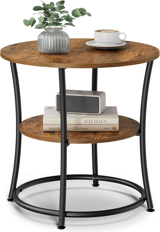 Side Table, 2-Tier round End Table, Nightstand with Steel Frame for Small Spaces, Living Room, Bedroom, Rustic Brown and Ink Black