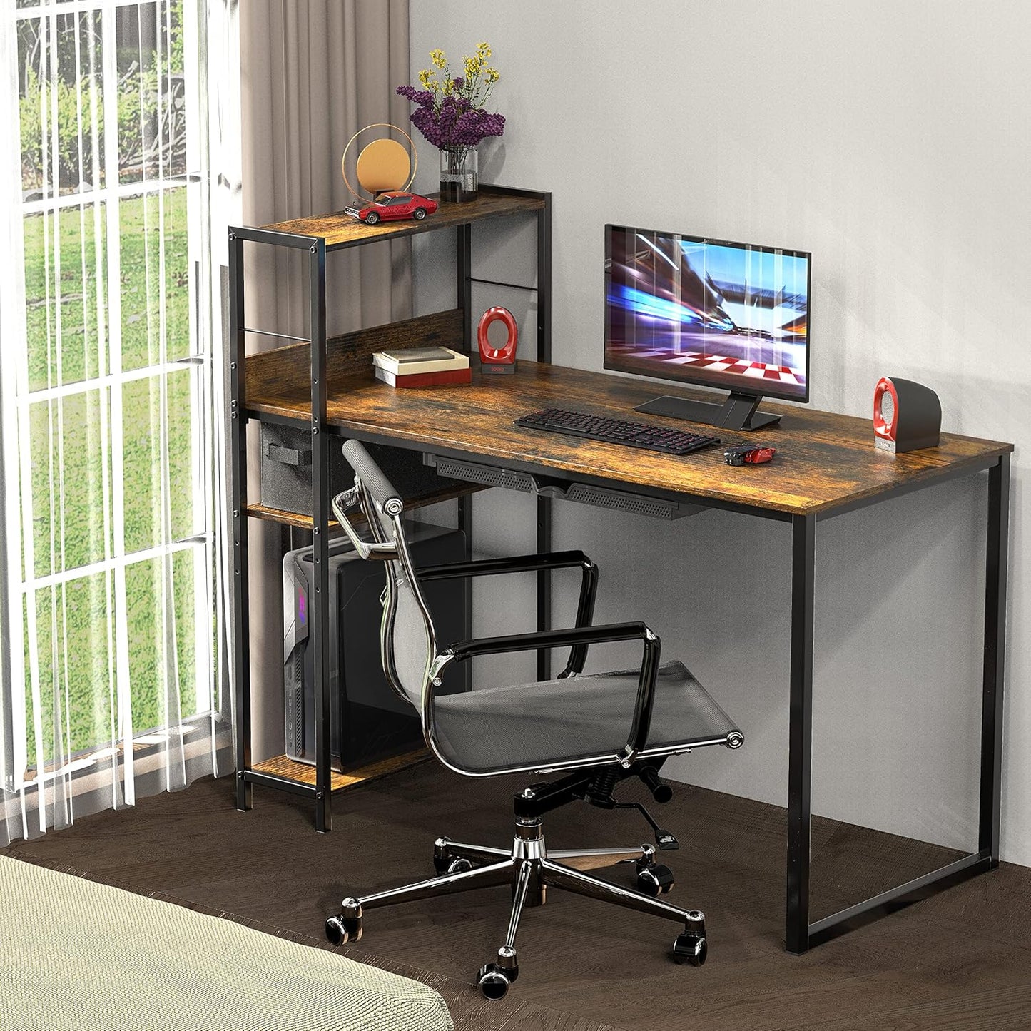 46-Inch Home Office Mission Computer Desk with Side Shelf and Drawer, Rustic Brown