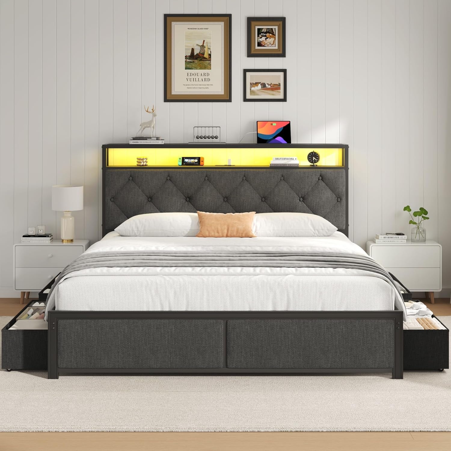 Queen Bed Frame with 4 Drawers, Upholstered Headboard with Storage, Fast Charging Station, LED Lights, Bed Frame Queen Size with Fabric Drawers, No Box Spring Needed, Easy Assembly, Grey