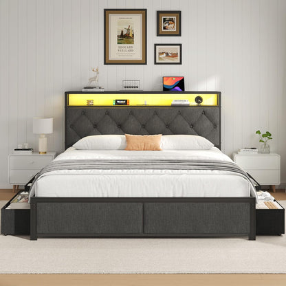 Queen Bed Frame with 4 Drawers, Upholstered Headboard with Storage, Fast Charging Station, LED Lights, Bed Frame Queen Size with Fabric Drawers, No Box Spring Needed, Easy Assembly, Grey