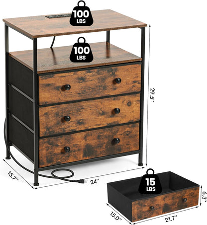 3 Drawers Dresser with Charging Station, 24 Inch Wide LED Night Stand with Adjustable Fabric Drawer, Nightstand with Storage Shelf for Living Room/Bedroom/Office, Rustic Brown.