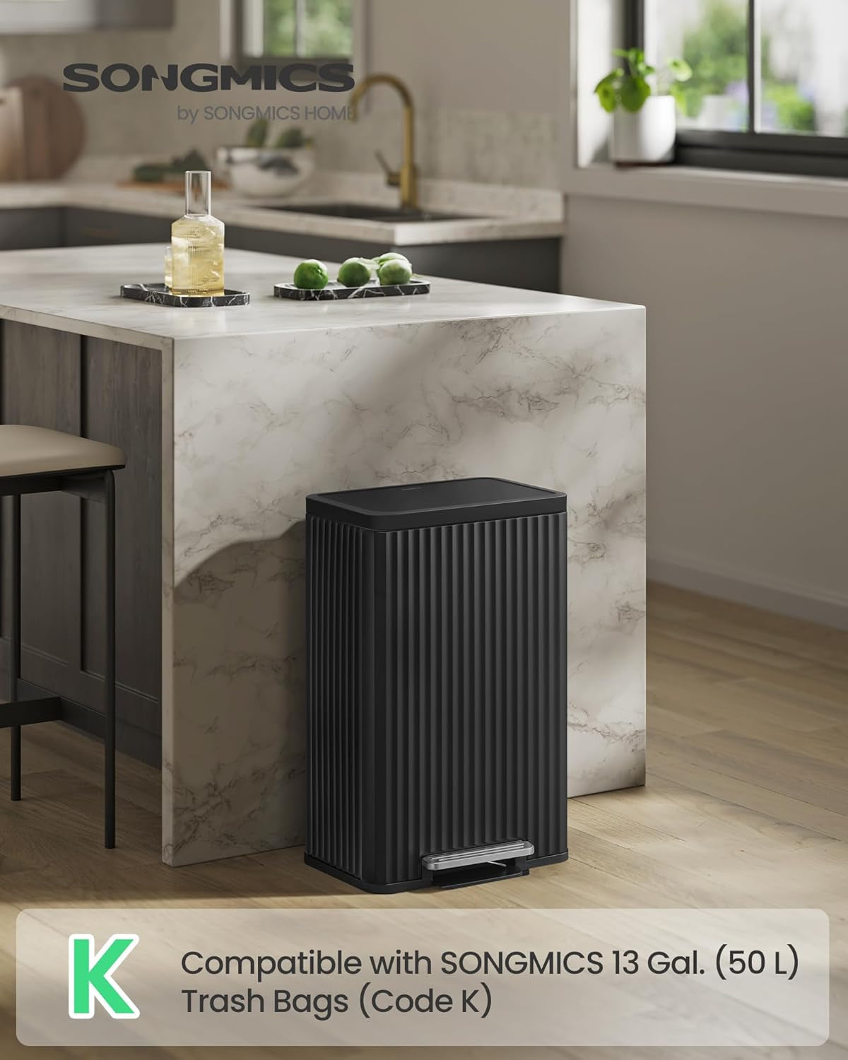 Trash Can, 13 Gallon (50 L) Garbage Can for Kitchen, with Lid, Pedal, and Removable Inner Bucket, Soft Close, Stainless Steel, 15 Trash Bags (Code K) Included, Ink Black ULTB586BZ01