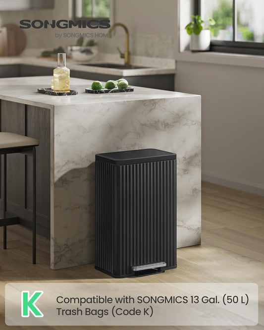 Trash Can, 13 Gallon (50 L) Garbage Can for Kitchen, with Lid, Pedal, and Removable Inner Bucket, Soft Close, Stainless Steel, 15 Trash Bags (Code K) Included, Ink Black ULTB586BZ01