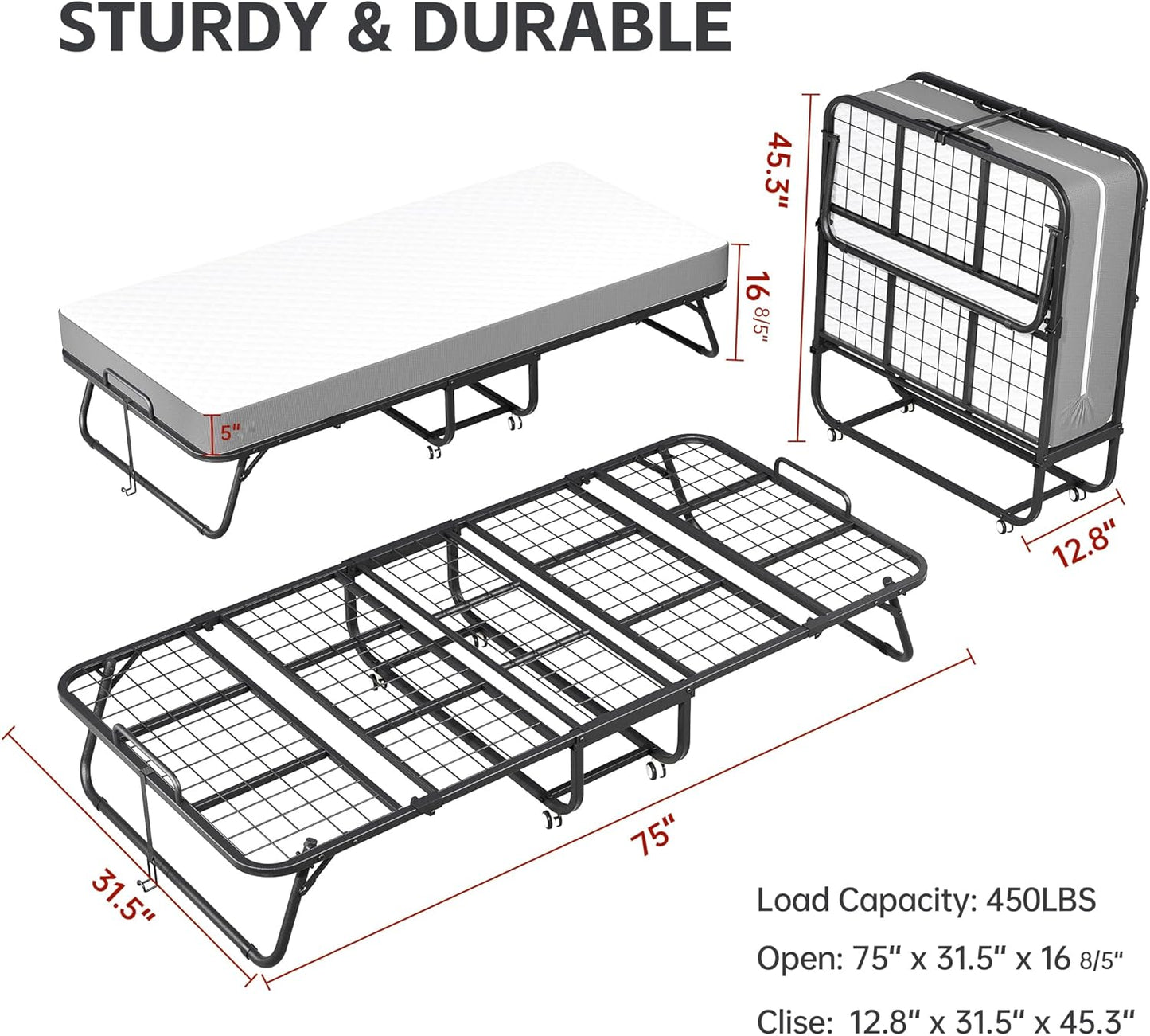 Folding Bed with Mattress, Roll Away Beds with Mattress for Adults, Single Cot Foldable Rollaway Beds, 75" X 31" Portable Bed for Easy Storage, Strong Frame for Guest Room, Small Apartment