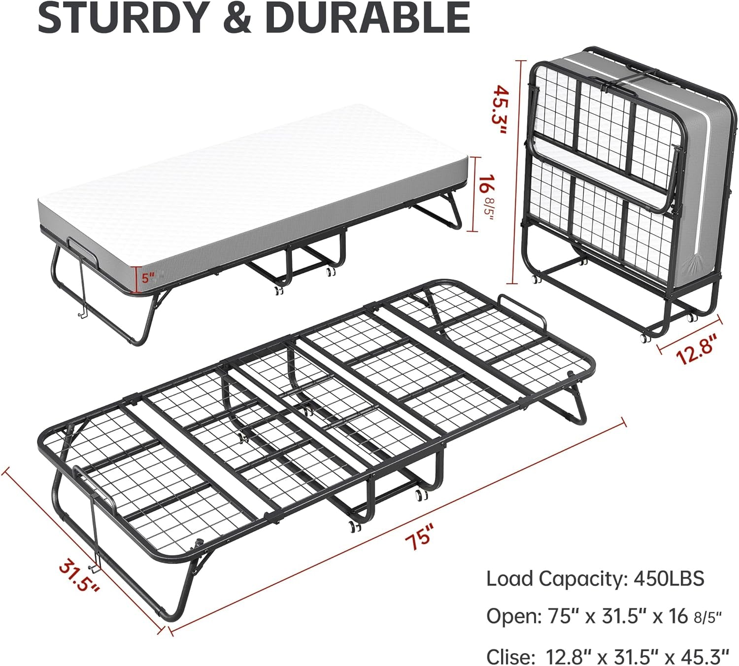 Folding Bed with Mattress, Roll Away Beds with Mattress for Adults, Single Cot Foldable Rollaway Beds, 75" X 31" Portable Bed for Easy Storage, Strong Frame for Guest Room, Small Apartment