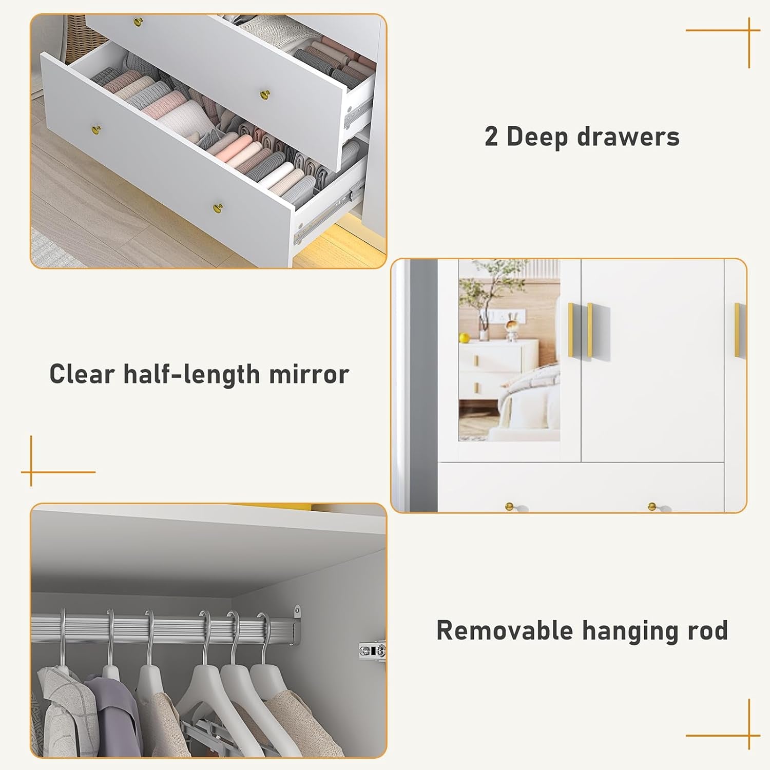 3 Doors Armoire Wardrobe Closet with Mirror, LED Armoire with Doors and Drawers, Wooden Wardrobe Storage Cabinet with Hanging Rod, Adjustable Shelves, White
