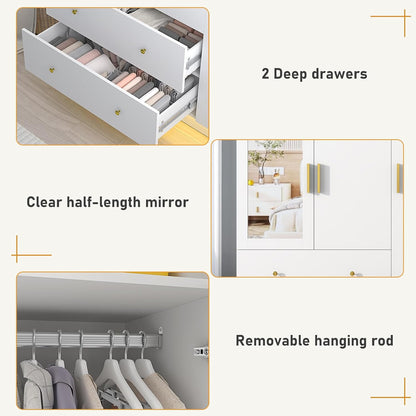 3 Doors Armoire Wardrobe Closet with Mirror, LED Armoire with Doors and Drawers, Wooden Wardrobe Storage Cabinet with Hanging Rod, Adjustable Shelves, White