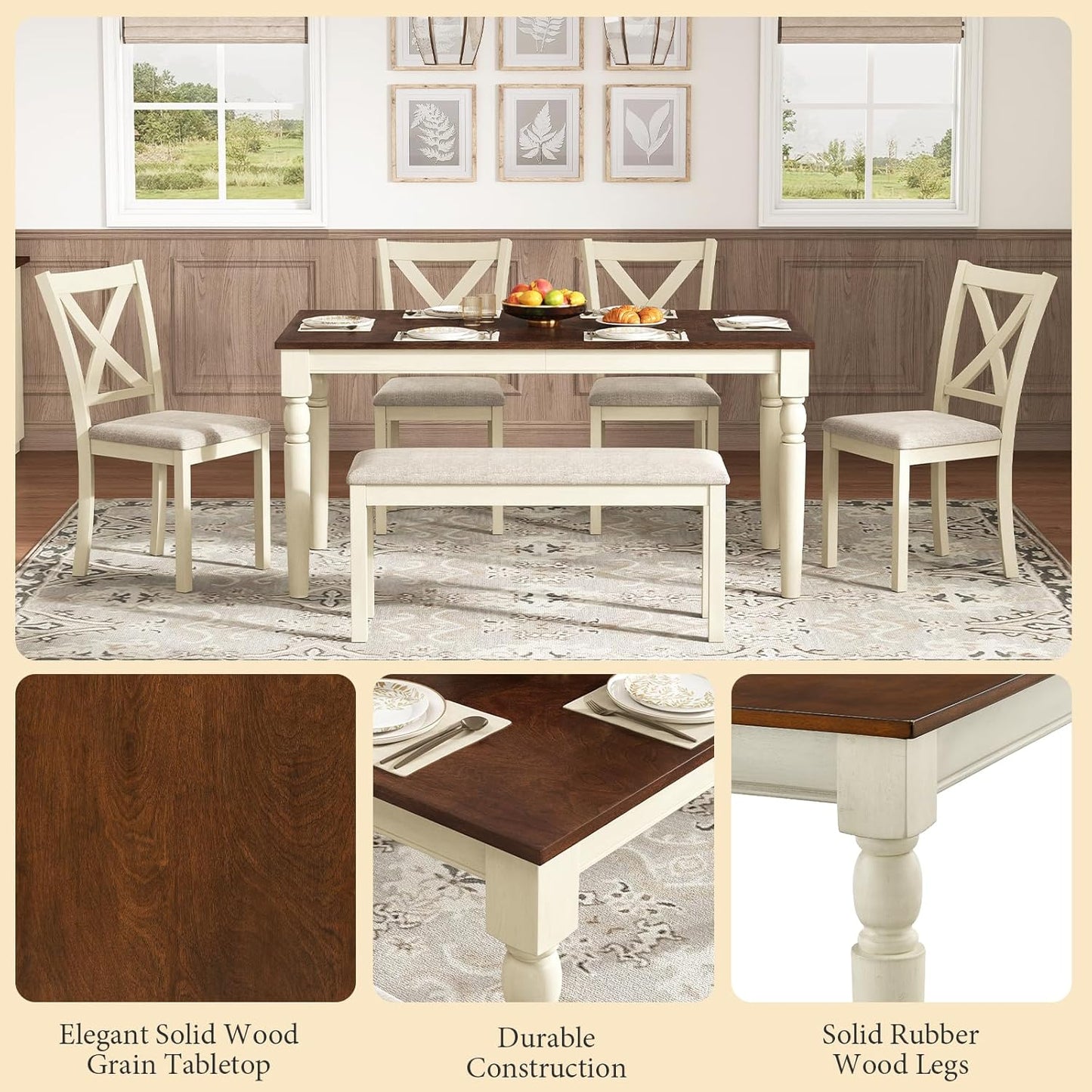 6-Piece Farmhouse Dining Table Set, 71” Solid Wood Table, 4 Upholstered Chairs and Bench, Rustic White and Walnut Finish, Seating for 6, for Kitchen or Dining Room