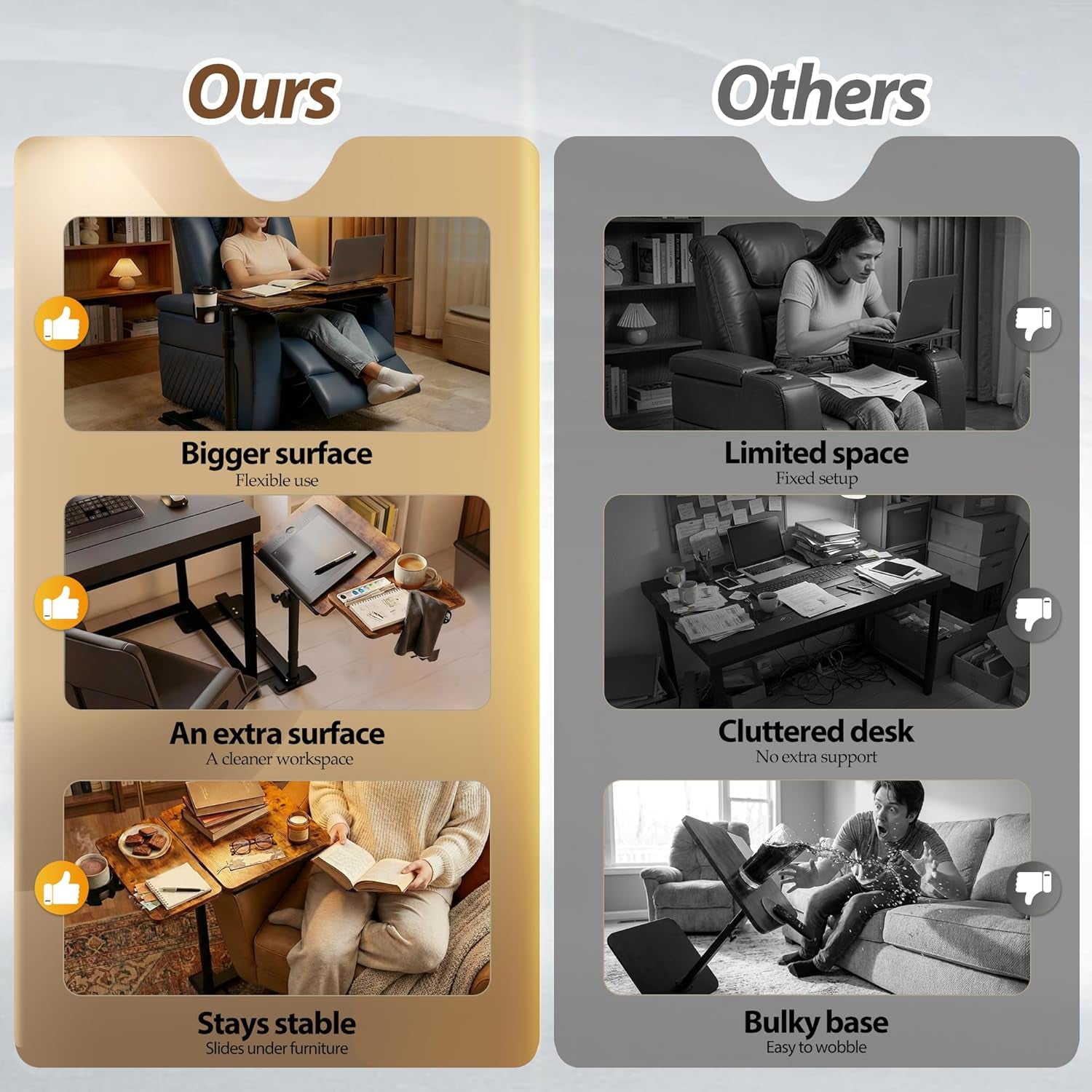 Height Adjustable Overcouch Armrest Table Tray – Tilting Top Swivel Table for Recliner, Sofa, Laptop, Slide under Side Table for Eating, Reading, Snacking, Recovery Use (Rustic Brown)