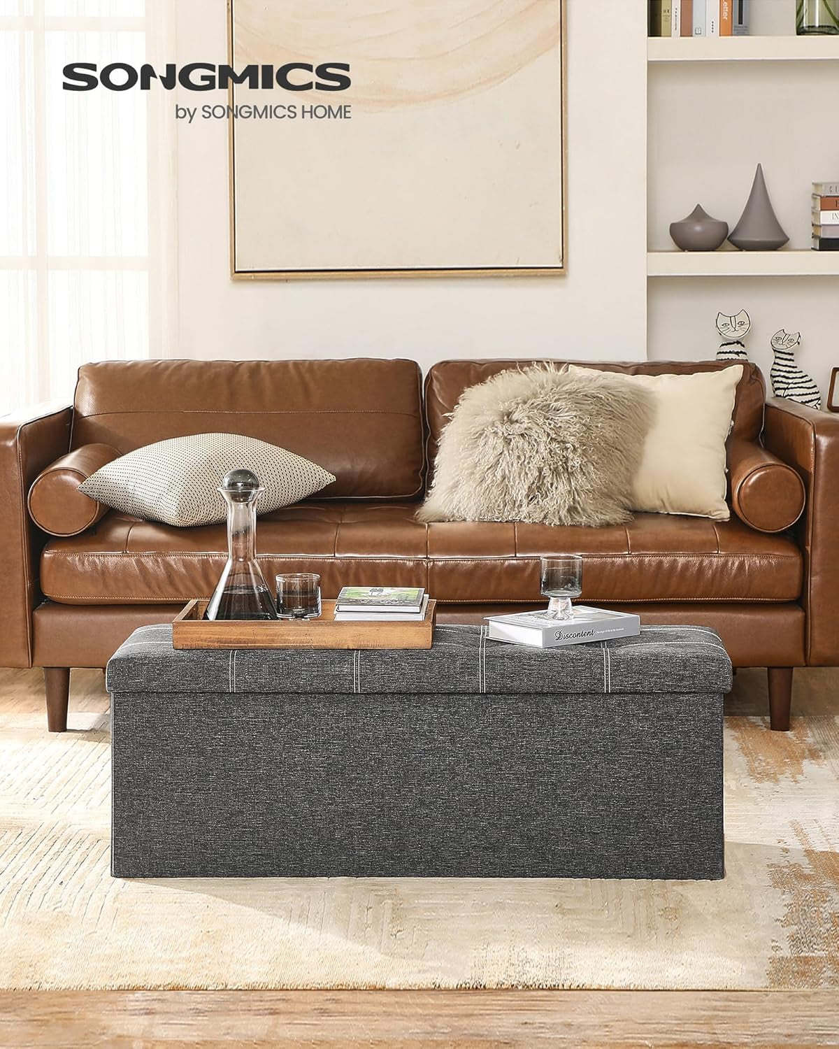 Mazie Collection - 43 Inches Ottoman Storage Bench, 35 Gal. Folding Chest with Breathable Linen-Look Fabric, Load up to 660 Lb, for Entryway, Living Room, Bedroom, Dark Gray ULSF077G04
