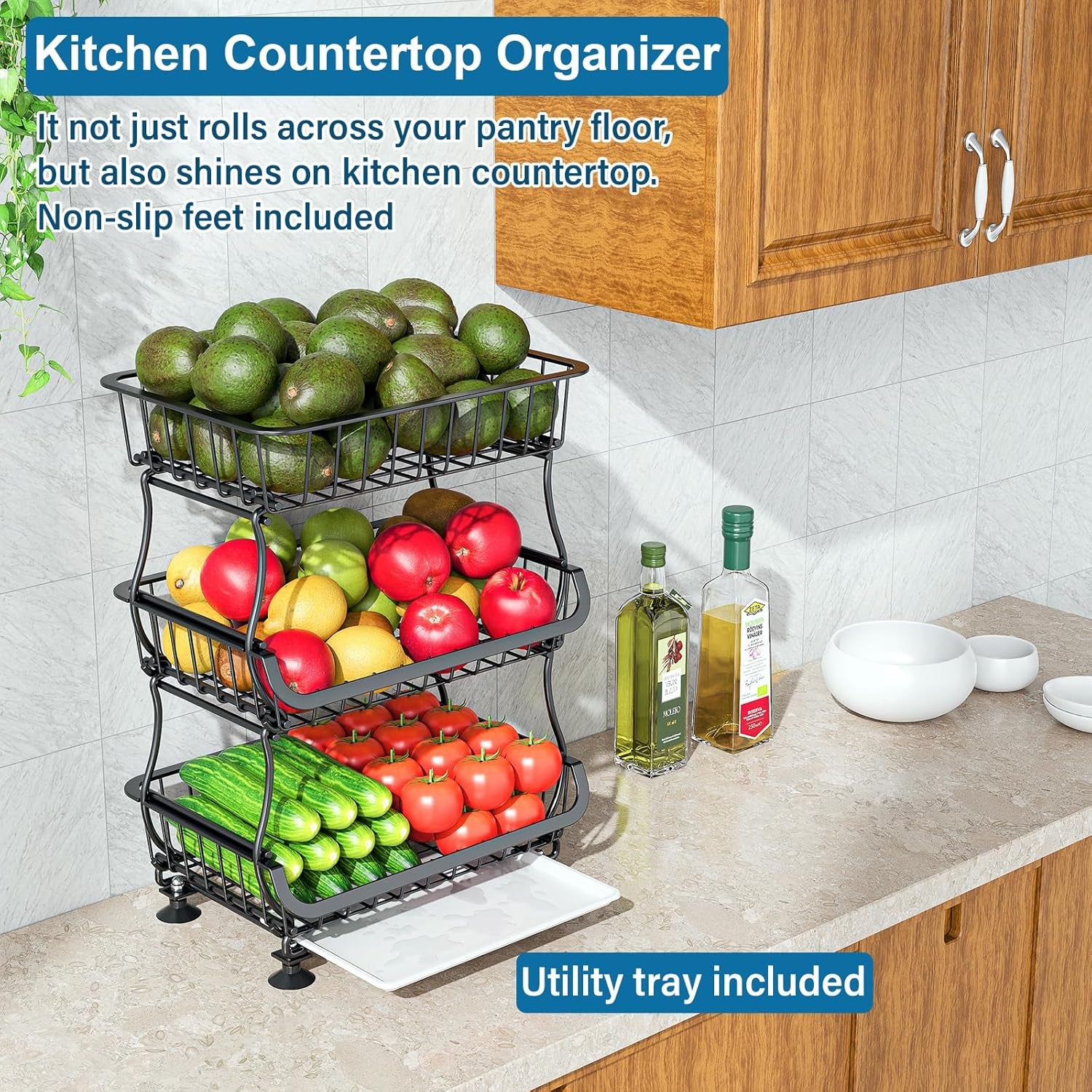 3-Tier Rolling Pantry Floor Organizer and Storage Cart with Wheels, Stackable Wire Pantry Baskets for Pantry Shelves, Kitchen Fruit Basket Stand and Storage Rack for Fruit Snack Onion Potato