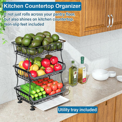 3-Tier Rolling Pantry Floor Organizer and Storage Cart with Wheels, Stackable Wire Pantry Baskets for Pantry Shelves, Kitchen Fruit Basket Stand and Storage Rack for Fruit Snack Onion Potato