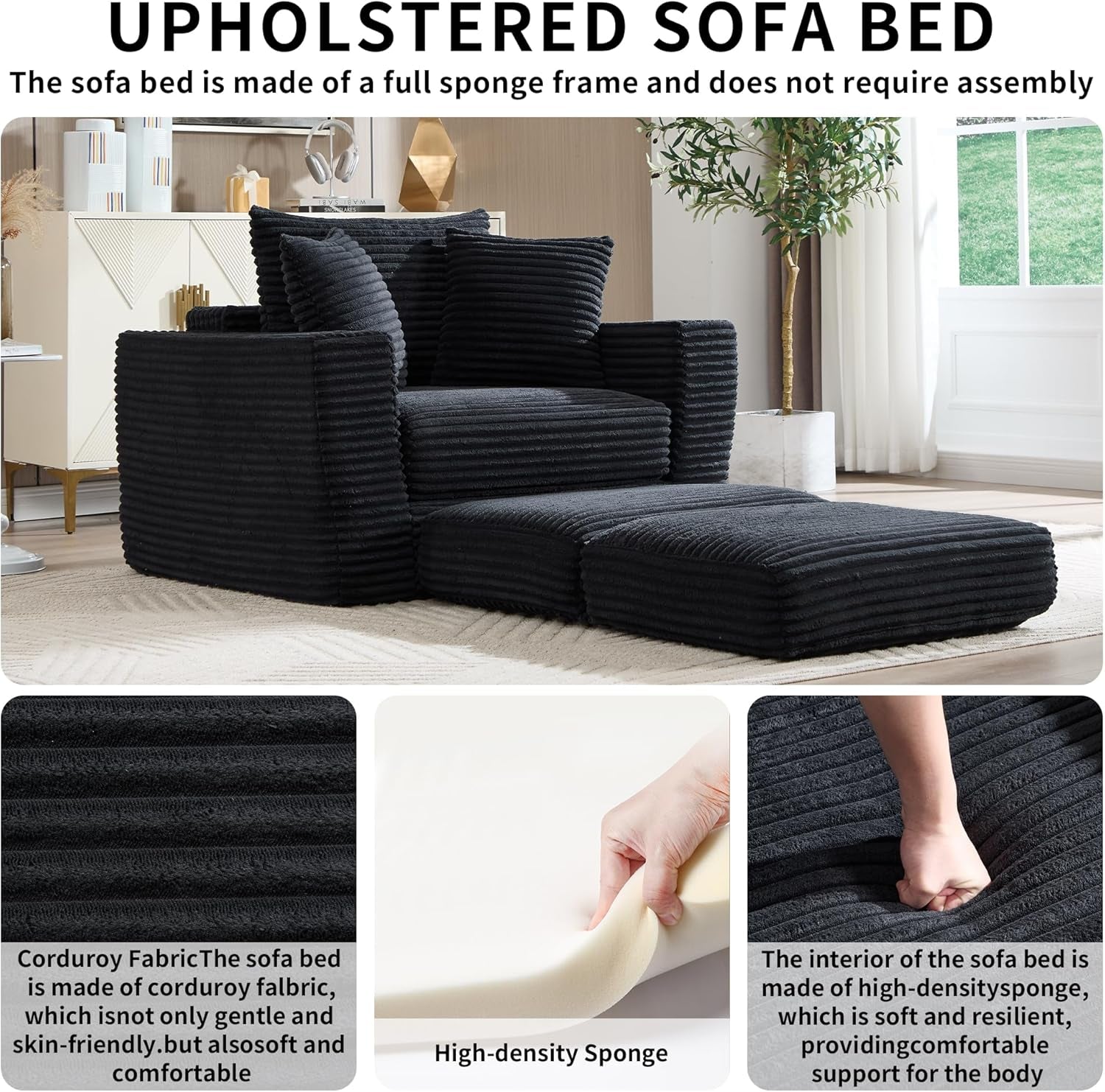 Boneless Chaise Lounge Chair Indoor, All-Foam Convertible Lounge Chair with No Frame, Wide Reclining Floor Lounger for Reading, Napping & Relaxation, No Assembly Needed (Black)