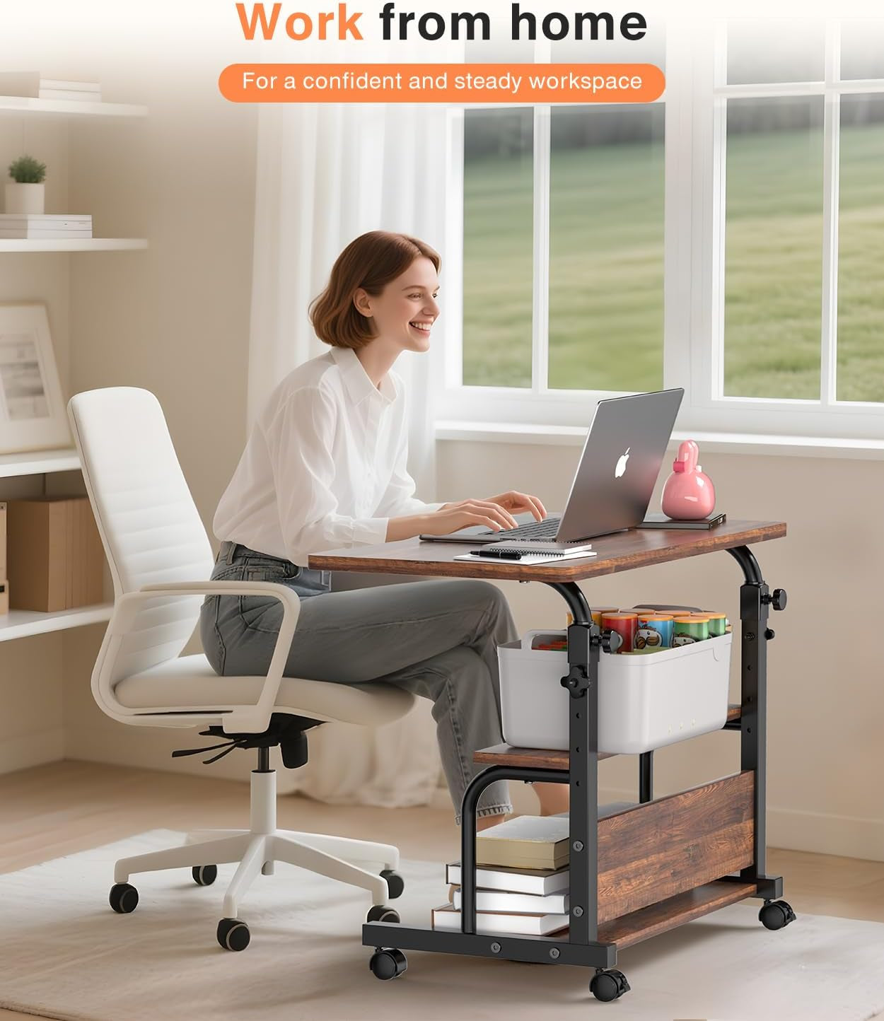 Portable Rolling Desk on Wheels Adjustable Height Desks for Small Spaces, 32" Computer Desk with Storage Shelves for Home Office Rustic