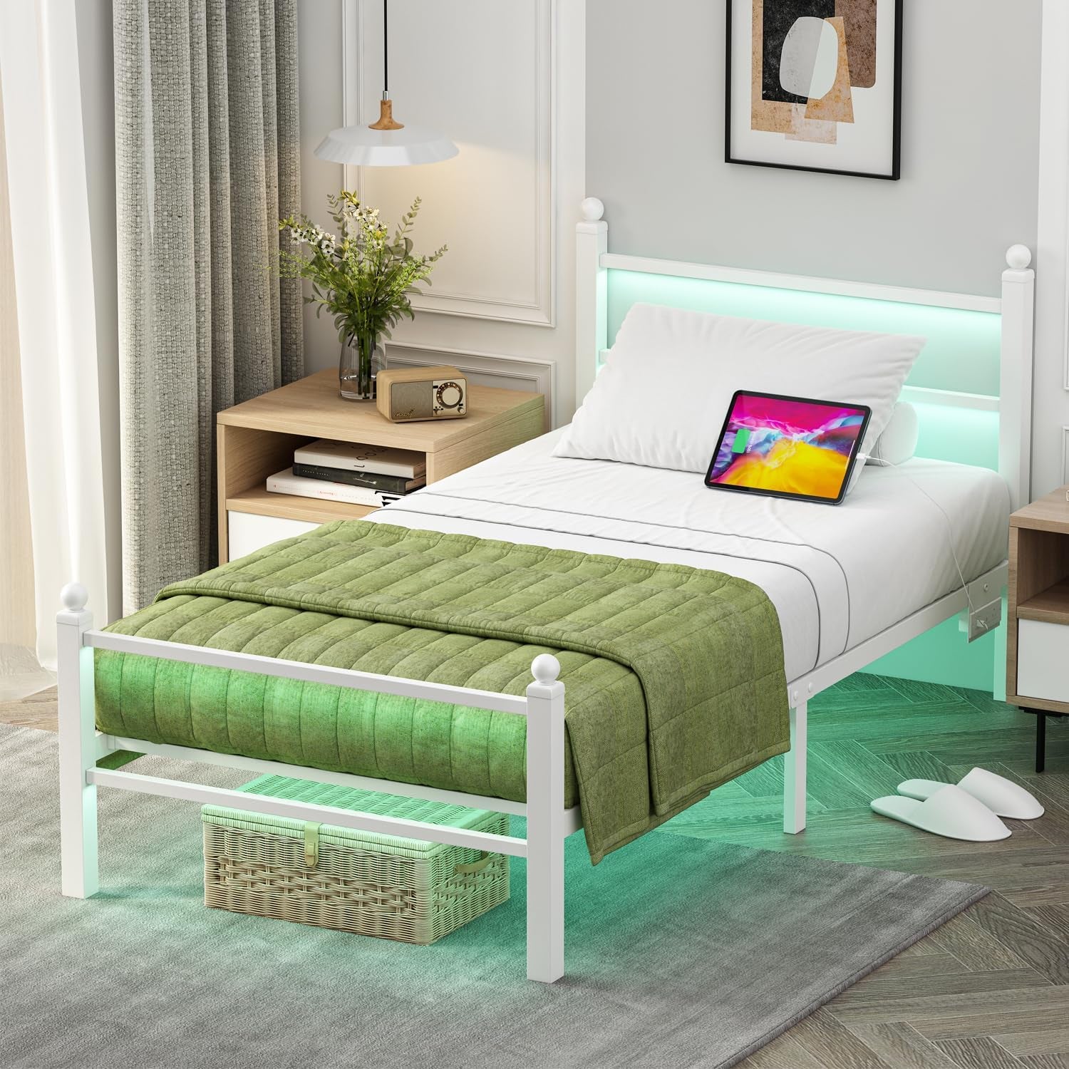 Twin Size Bed Frames with Charging Ports&Led Lights,Heavy Duty Metal Slats Support,No Box Spring Needed,Noise Free,No Squeak,Easy Assembly,For Girls Kids,White