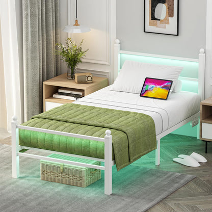 Twin Size Bed Frames with Charging Ports&Led Lights,Heavy Duty Metal Slats Support,No Box Spring Needed,Noise Free,No Squeak,Easy Assembly,For Girls Kids,White