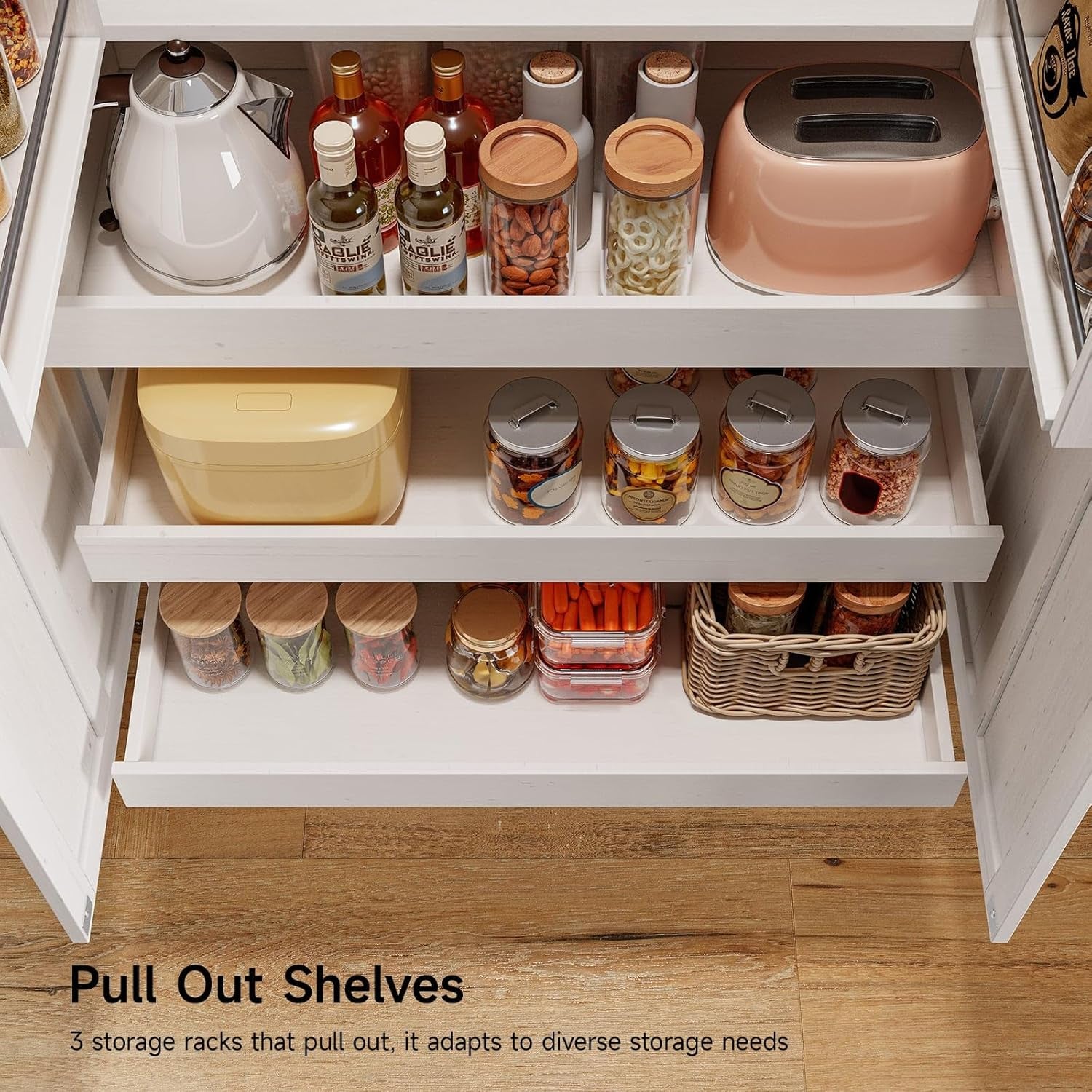 71" Tall Farmhouse Kitchen Pantry Cabinet with 3 Pull Out Shelves & 2 Large Drawers, Pantry Storage Cabinet with 6 Door Shelves & Adjustable Shelf, Freestanding Pantry for Kitchen, Dining Room