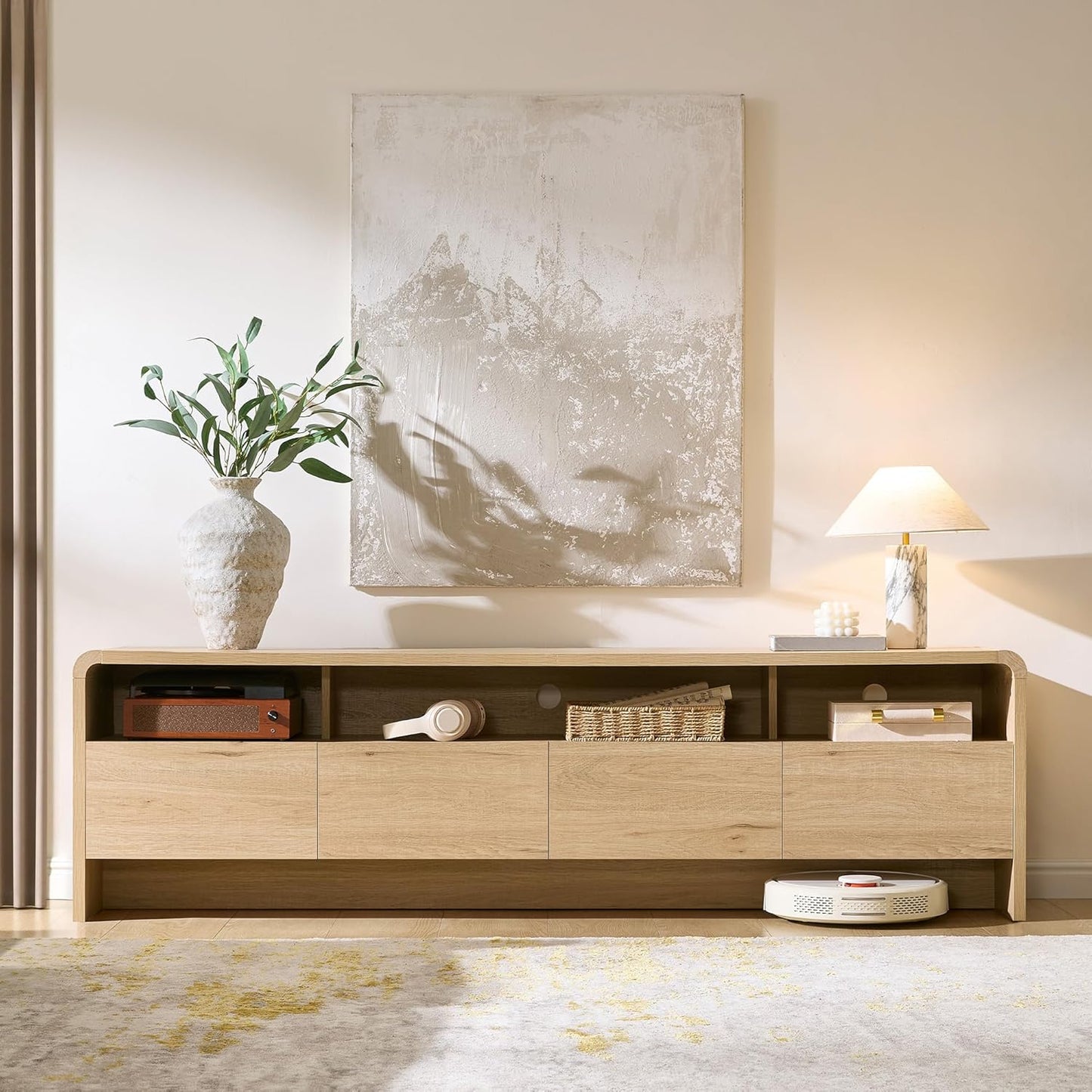 70" Modern TV Stand for Tvs up to 80", Wood TV Console with Curved Profile Design & 2 Storage Cabinets, Media Console Entertainment Center for Living Room, Natural Oak