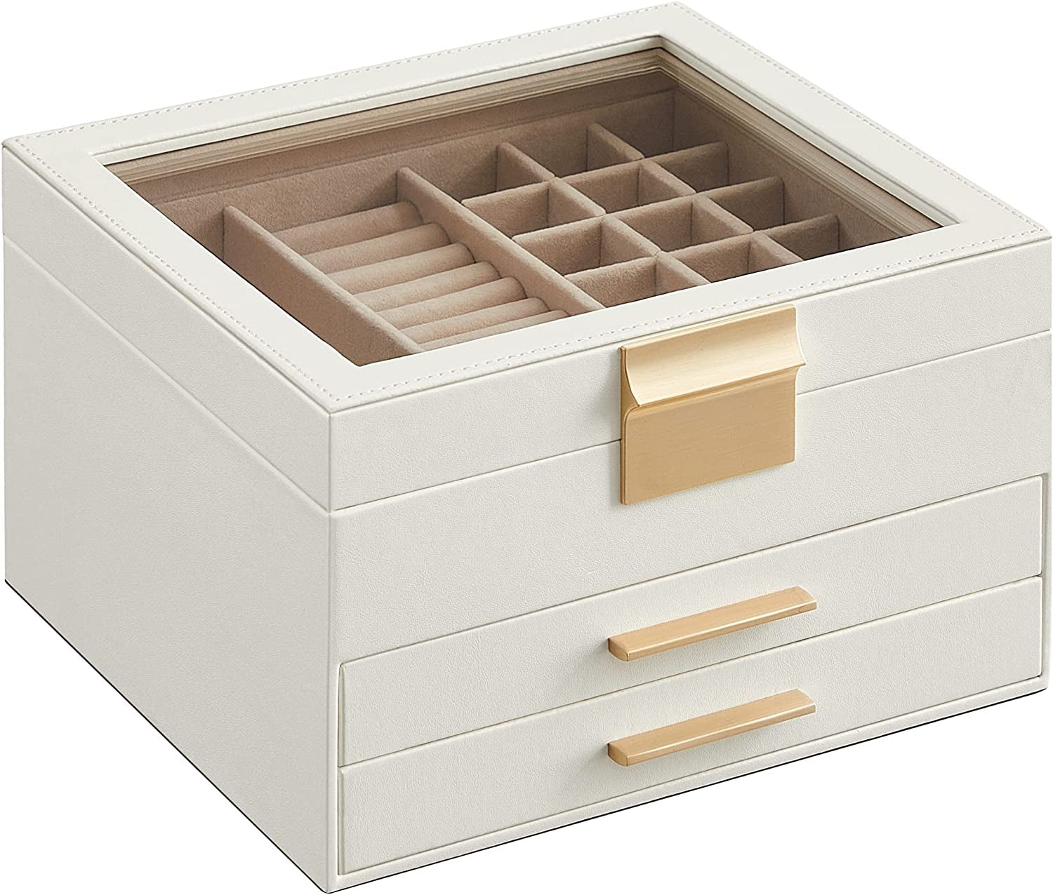 Jewelry Box Bundle, 2 Jewelry Organizers with Glass Lids, 2 Drawers Each, for Loved Ones, Black and White UJBC239BK and UJBC239WT