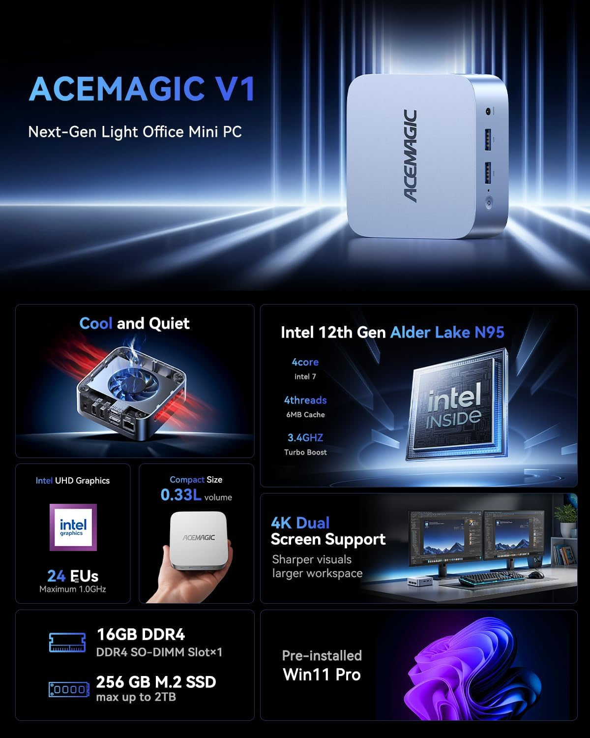 Mini Pc 11 Pro, Processor N95 (Beat N100/N150) up to 3.4 Ghz Mini Computers, 16GB DDR4 256GB SSD, 4K Dual Display Wifi BT VESA Micro Small Pc for Business and Home, Mini Desktop