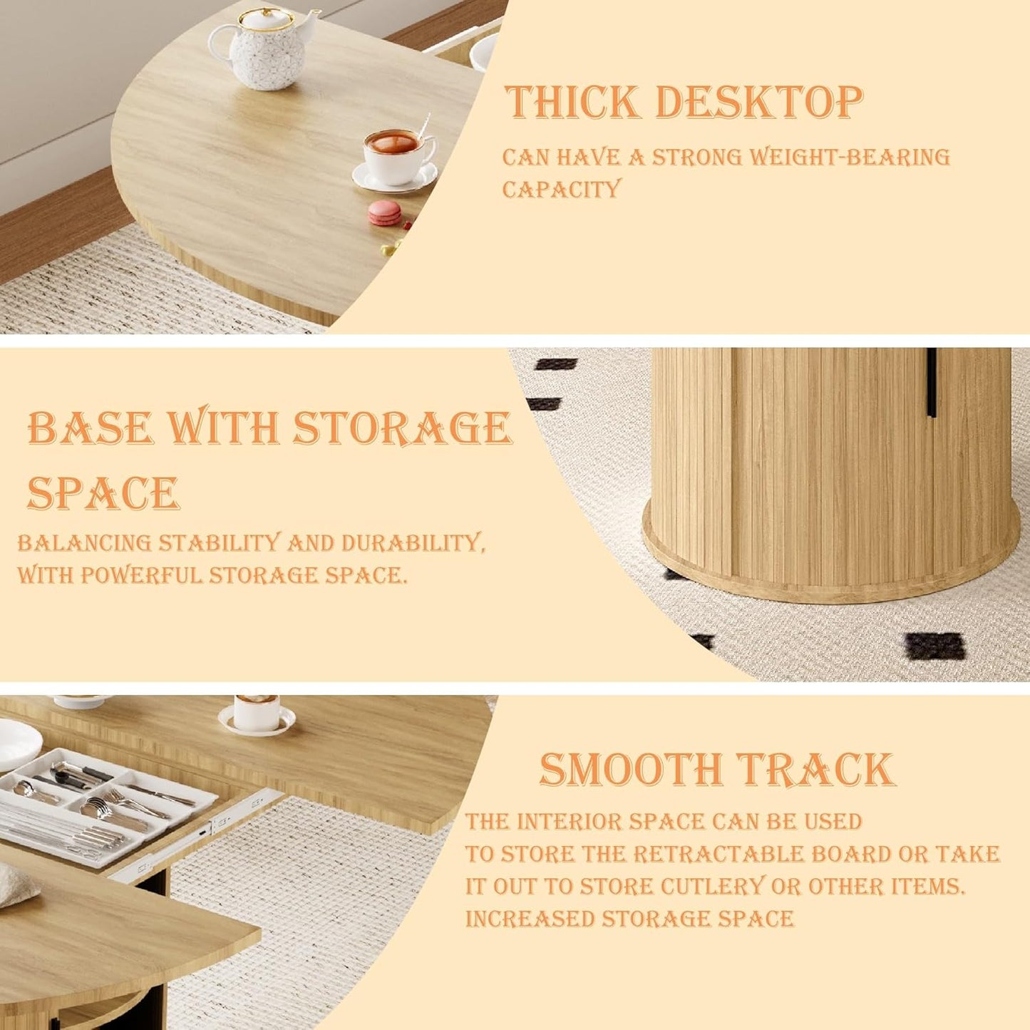 Extendable round Dining Table for 4-6-8, 59 Inch Dining Room Kitchen Table with 2-Tier Storage Shelf, Modern Farmhouse Fluted Wood Slide Door Dinner Furniture,Oval Circle,Oak