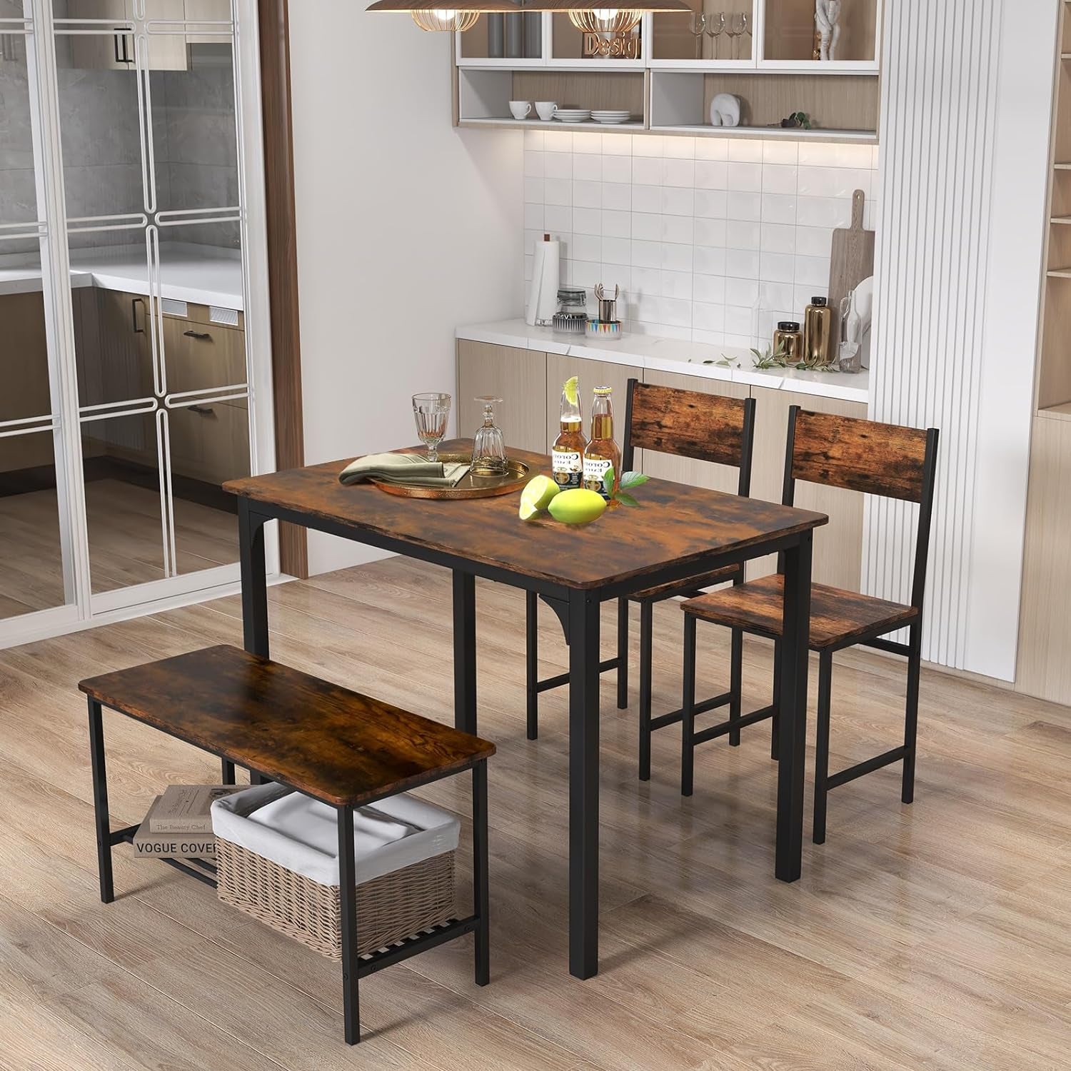 Dining Table Set for 4, Kitchen Table and 2 Chairs for 4 with Bench, 4 Piece Dining Table Set for Small Space, Apartment