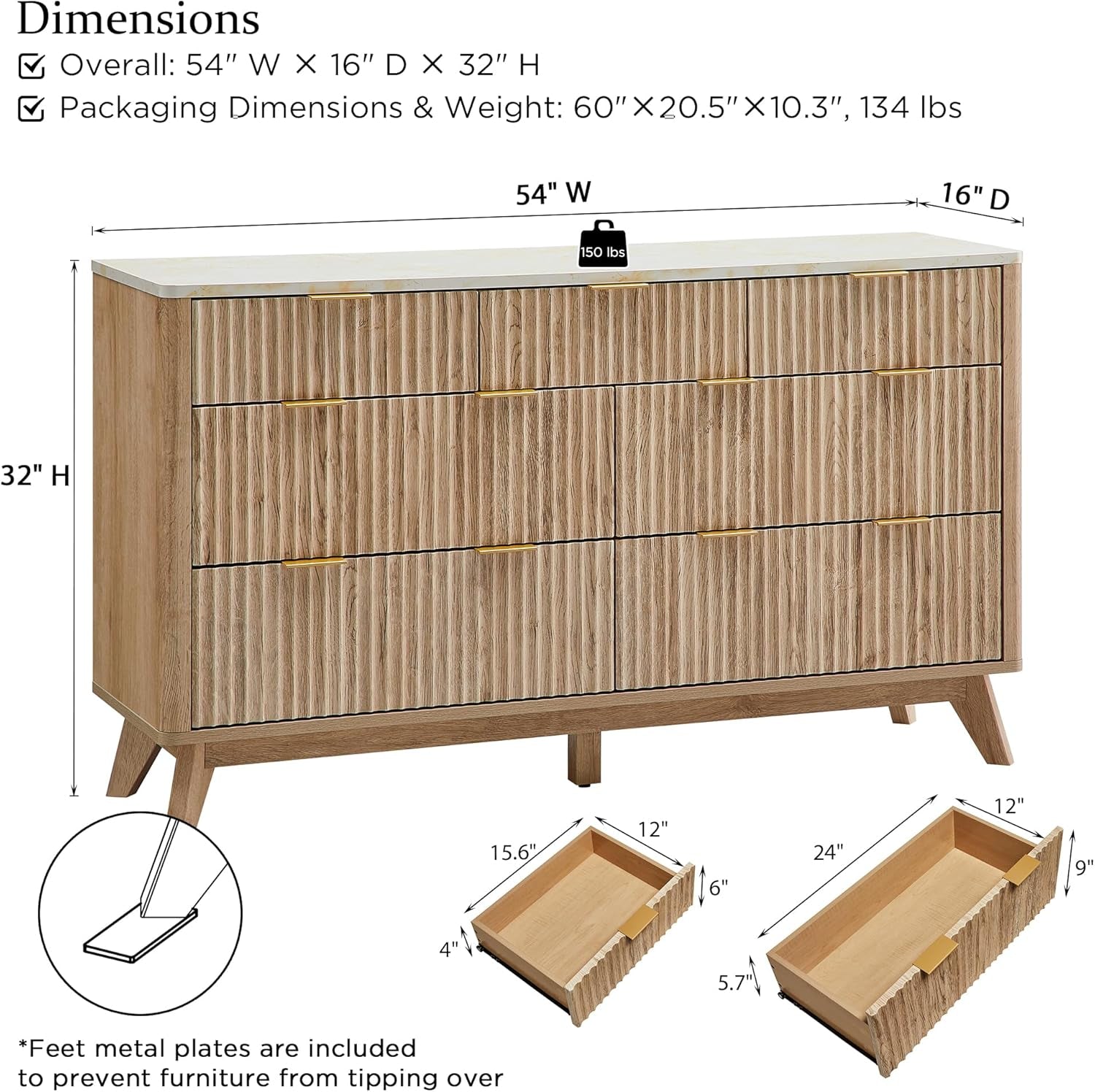 Fluted 7 Drawers Dresser, 54" Wide Modern Chest of Drawers with Faux Marble Top, Curved Profile Design, Dresser TV Stand, Wood Drawer Organizer for Bedroom, Living Room, Hallway, Natural Oak