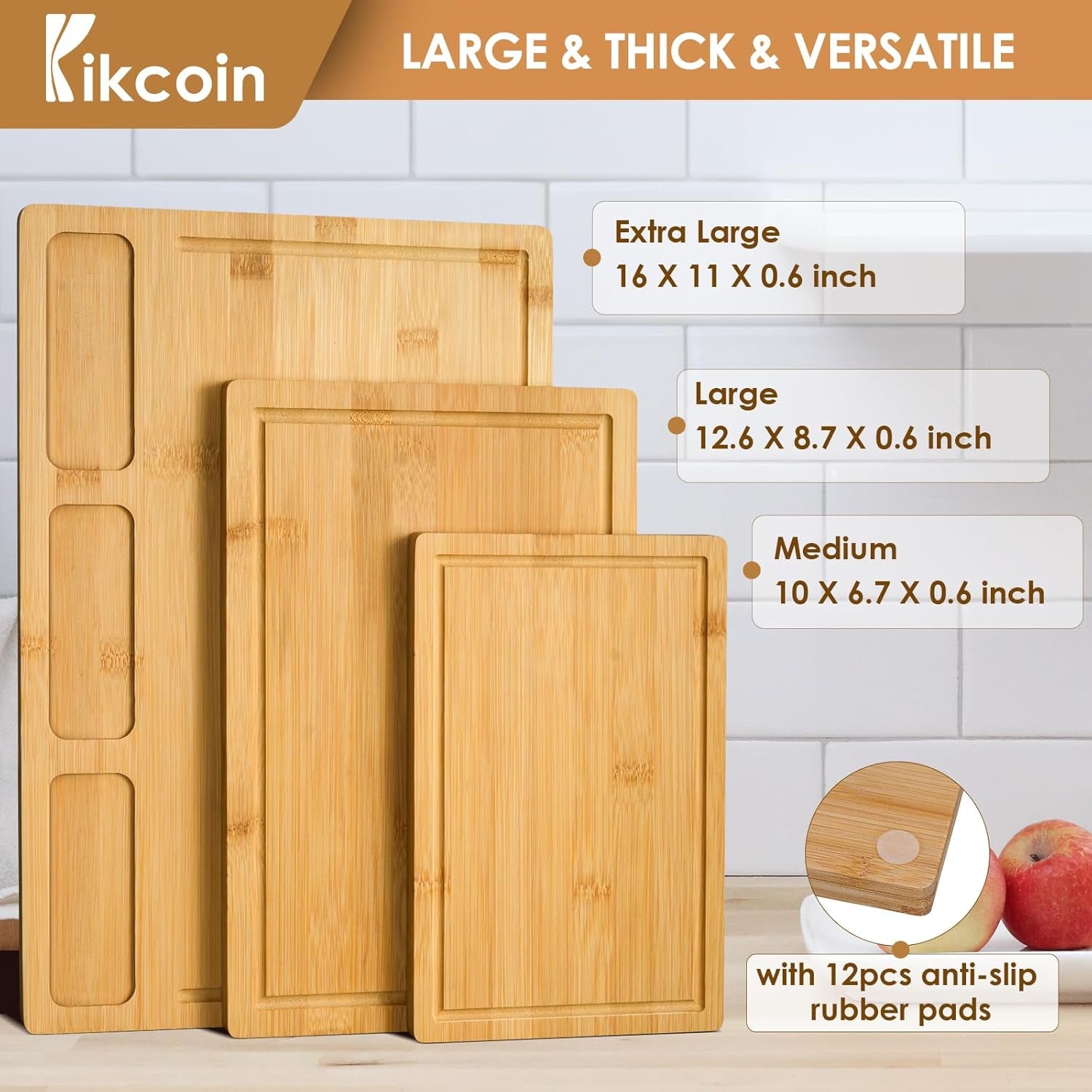 Bamboo Cutting Boards for Kitchen, (Set of 3) Kitchen Chopping Board with 3 Built-In Compartments and Juice Groove Heavy Duty Serving Tray Wood Butcher Block and Wooden Carving Board,