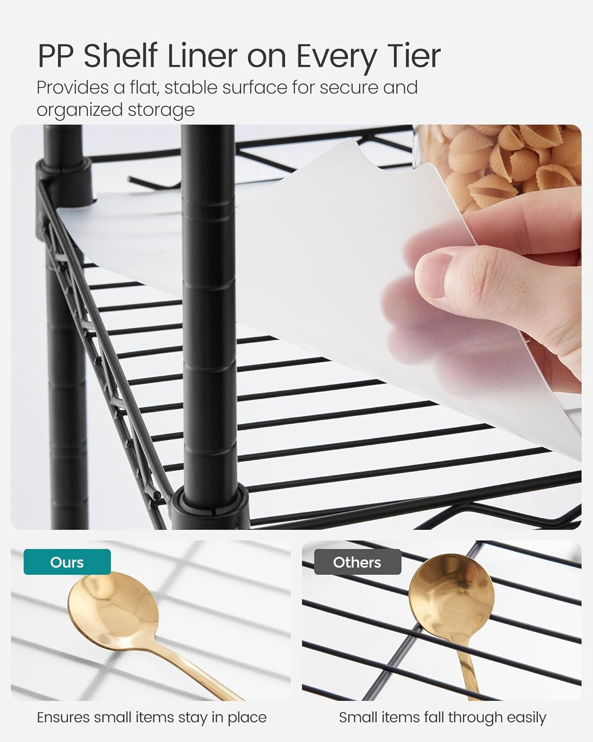 5-Tier Bathroom Shelf, Storage Rack for Small Space, with 5 PP Shelf Liners, Removable Hook, Extendable Design, Ink Black and Translucent ULGR23BK