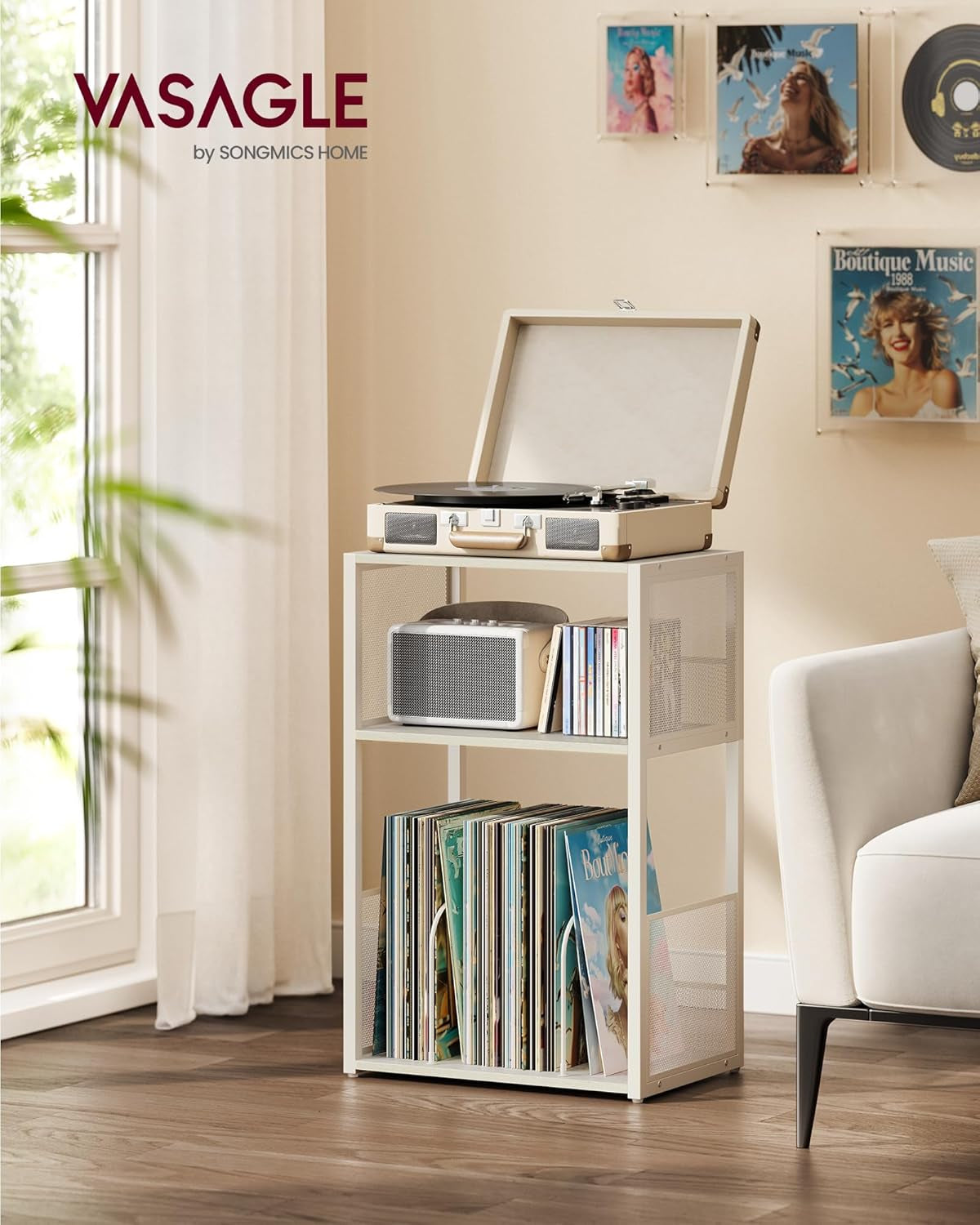 Record Player Stand, 3-Tier Side Table, Vinyl Record Storage up to 100 Albums, End Table for Living Room, Bedroom, Rustic White ULET275W01