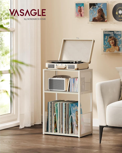 Record Player Stand, 3-Tier Side Table, Vinyl Record Storage up to 100 Albums, End Table for Living Room, Bedroom, Rustic White ULET275W01