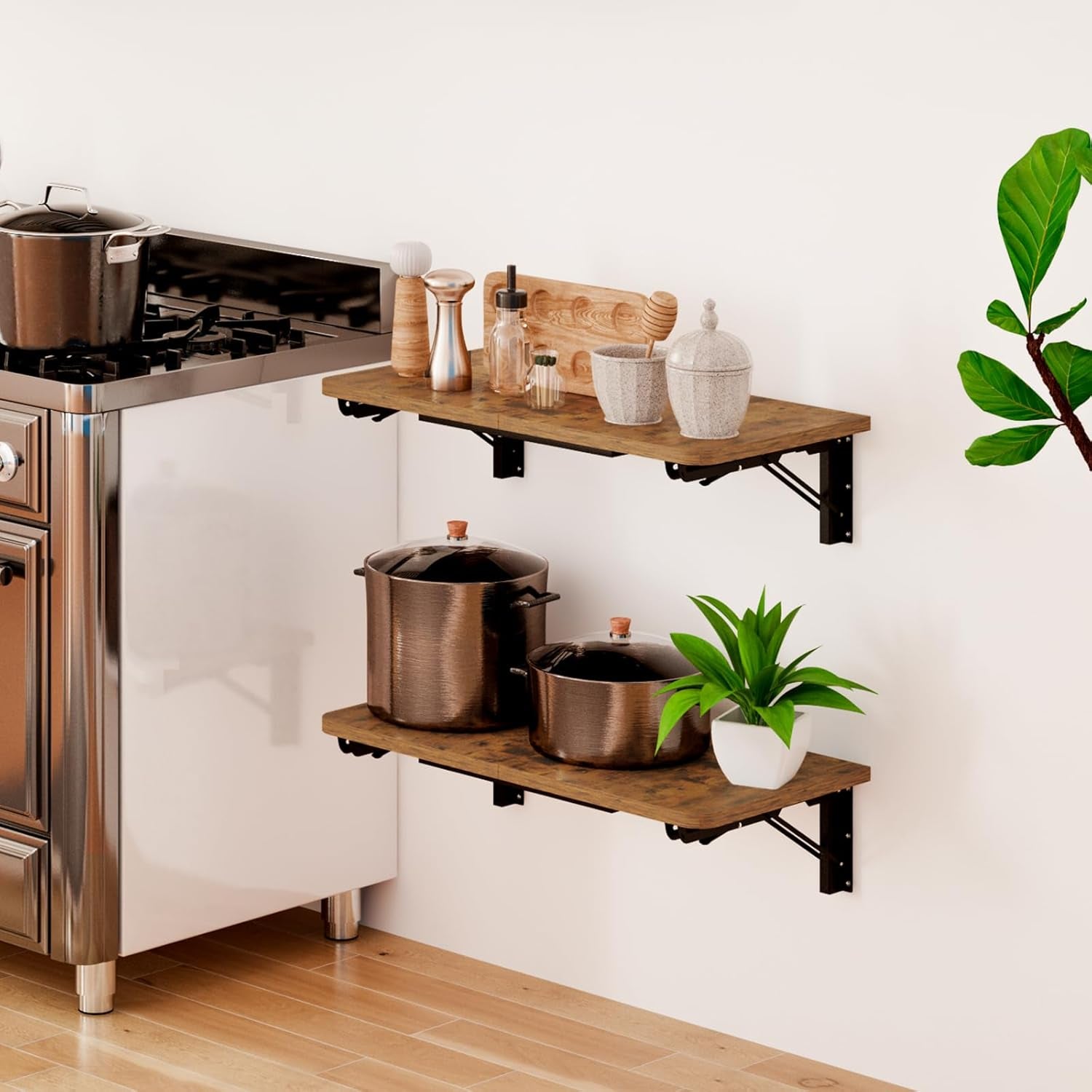 Wall Mounted Folding Table, Rustic Brown Floating Wall Desk for Small Spaces, Drop Leaf Dining Table for Kitchen Fold down Laundry Shelf with Heavy-Duty Brackets