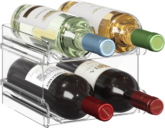 Plastic Stackable Wine Rack for Refrigerator, Cabinet, Countertop,Wine Bottle Holder, Water Bottle Organizer for Fridge, Pantry, Hold 4 Bottles