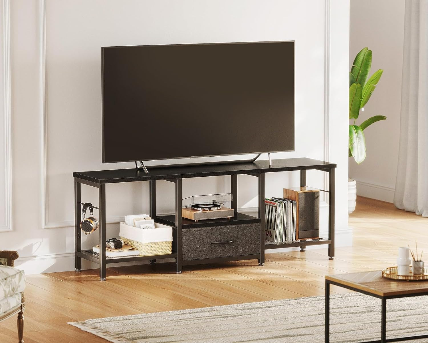 47" TV Stand with Open Storage Shelves for 43, 50 Inch TV, Entertainment Center with Fabric Drawers, TV Console Table with Soundbar Shelf TV Stand for Living Room Bedroom, Pure Black