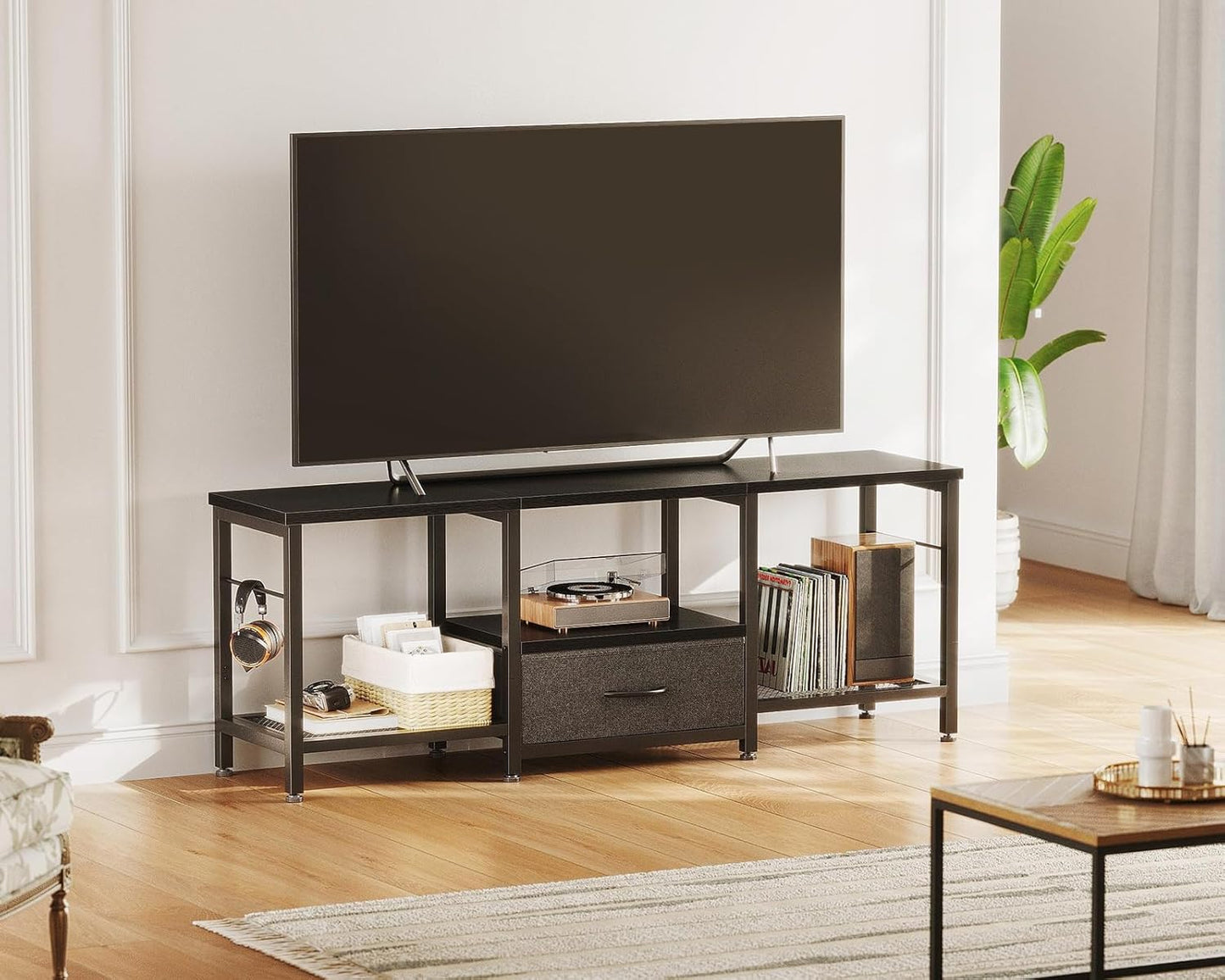 47" TV Stand with Open Storage Shelves for 43, 50 Inch TV, Entertainment Center with Fabric Drawers, TV Console Table with Soundbar Shelf TV Stand for Living Room Bedroom, Pure Black