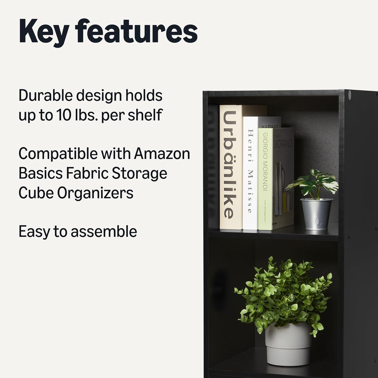 3-Cube Bookcase Compatible with Fabric Storage Cube Organizers, Black