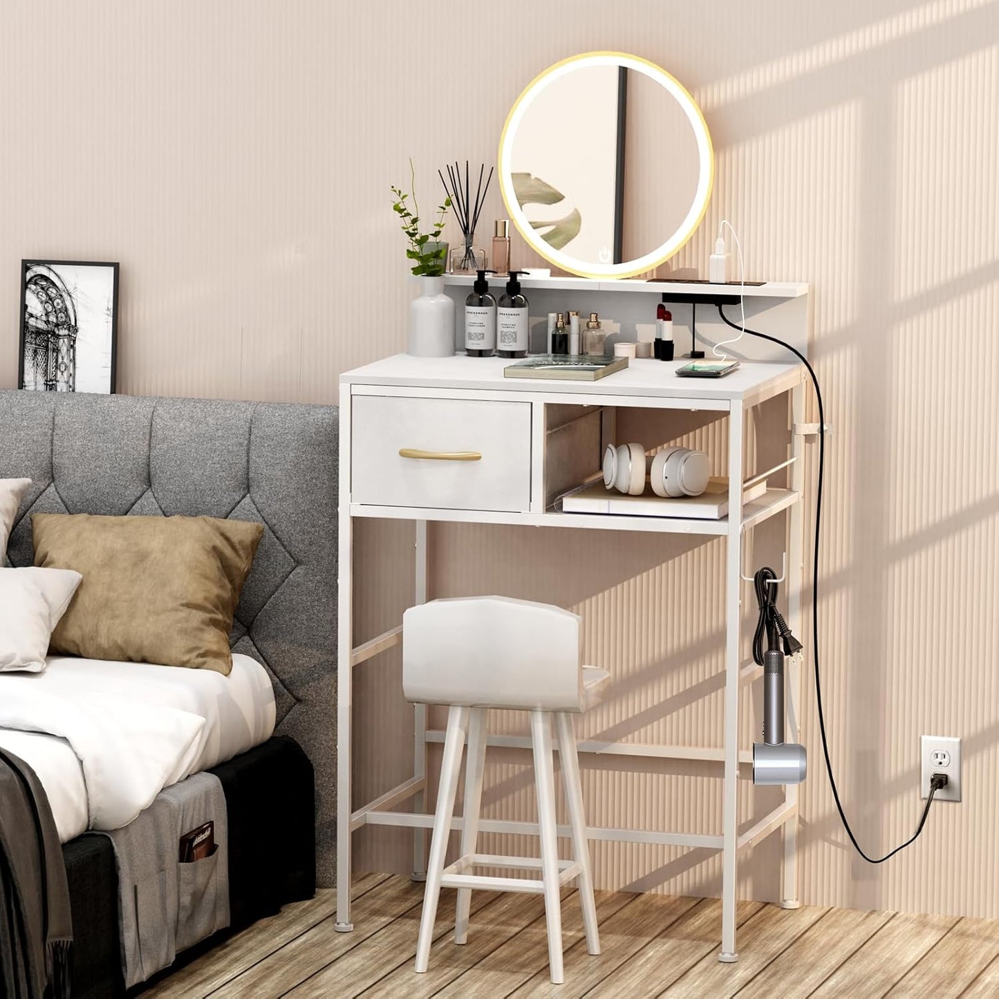 Small Vanity Desk No Mirror, 23.6 Inch Makeup Vanity Table with Fabric Drawers Power Outlet, Compact Makeup Desk for Girls Bedroom and Small Space, White