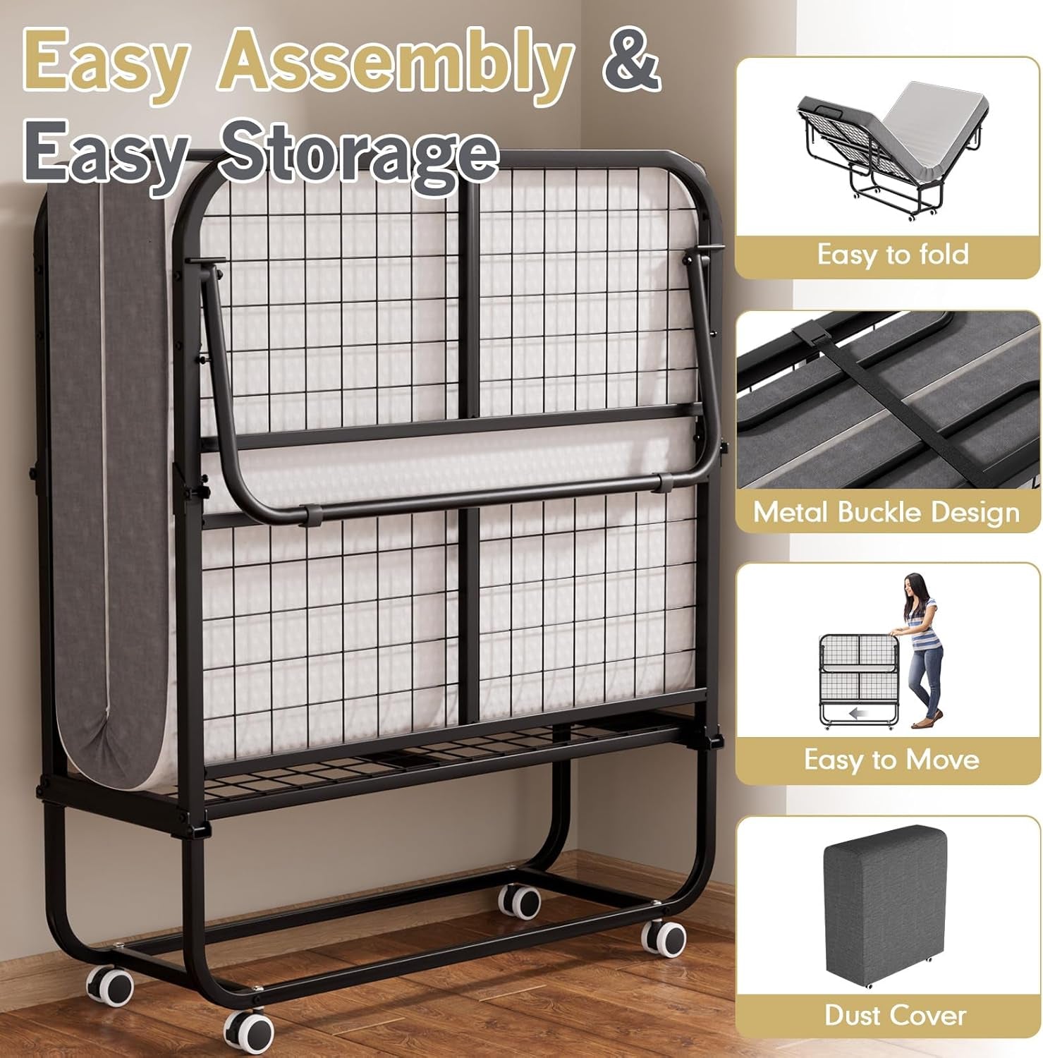 Folding Bed with Mattress for Adults, Portable Foldable Twin Beds with 5-Inch Memory Foam Mattress & Sturdy Metal Frame, Rollaway Bed Space-Saving Easy Storage,75"X 38"