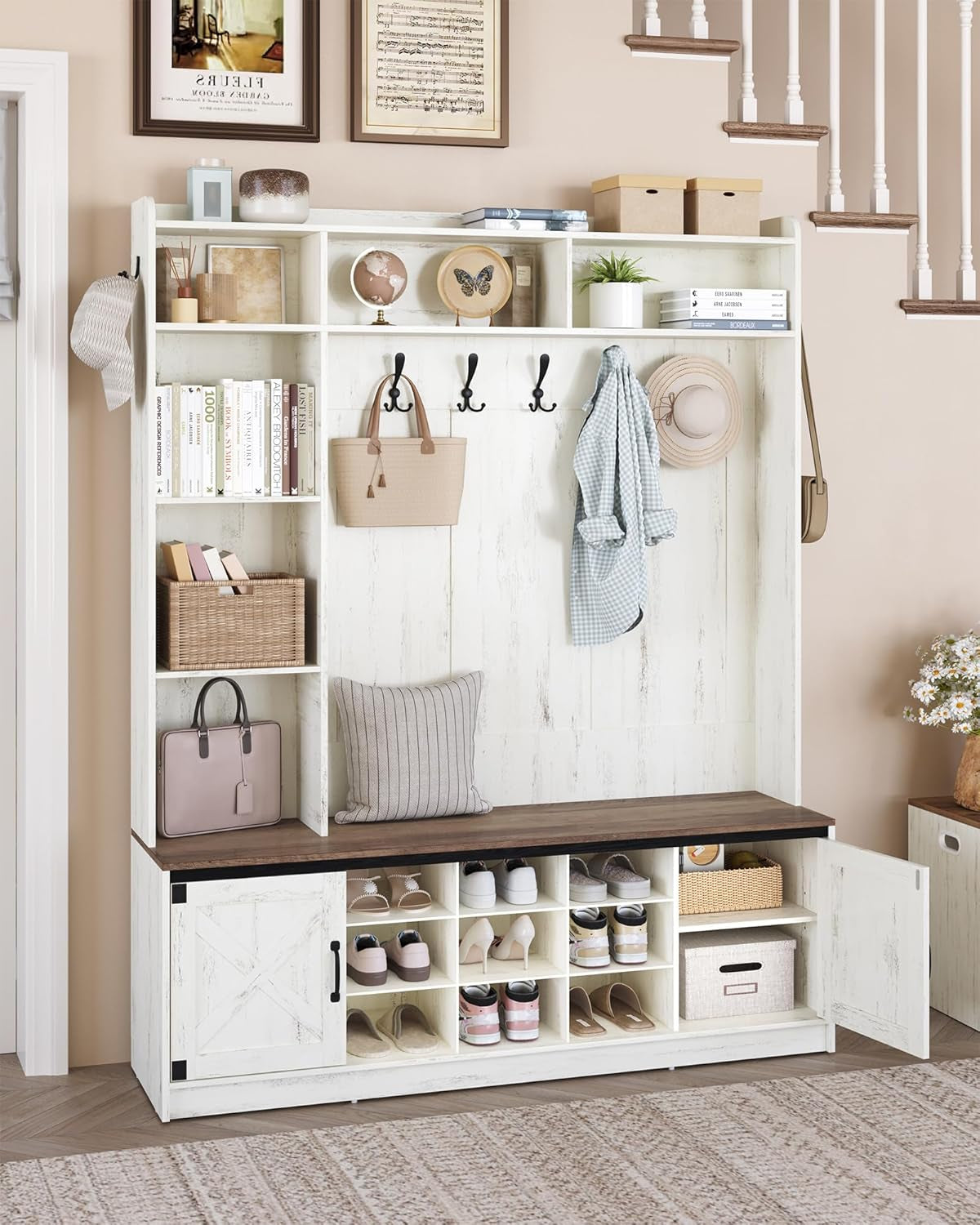 59.8" Hall Tree, LED Farmhouse Entryway Storage and Coat Rack Wood, Entryway Furniture with 7 Hooks, Hall Tree with Bench and Storage, 6 Storages Partitions Shoe Bench, Rustic White HT24814B
