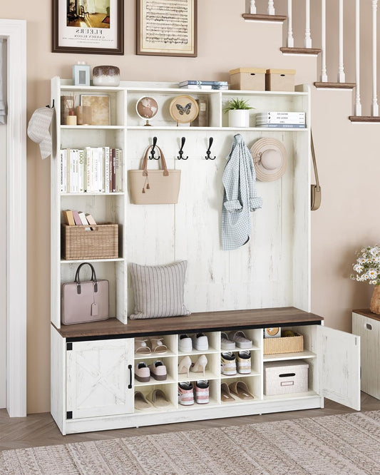59.8" Hall Tree, LED Farmhouse Entryway Storage and Coat Rack Wood, Entryway Furniture with 7 Hooks, Hall Tree with Bench and Storage, 6 Storages Partitions Shoe Bench, Rustic White HT24814B