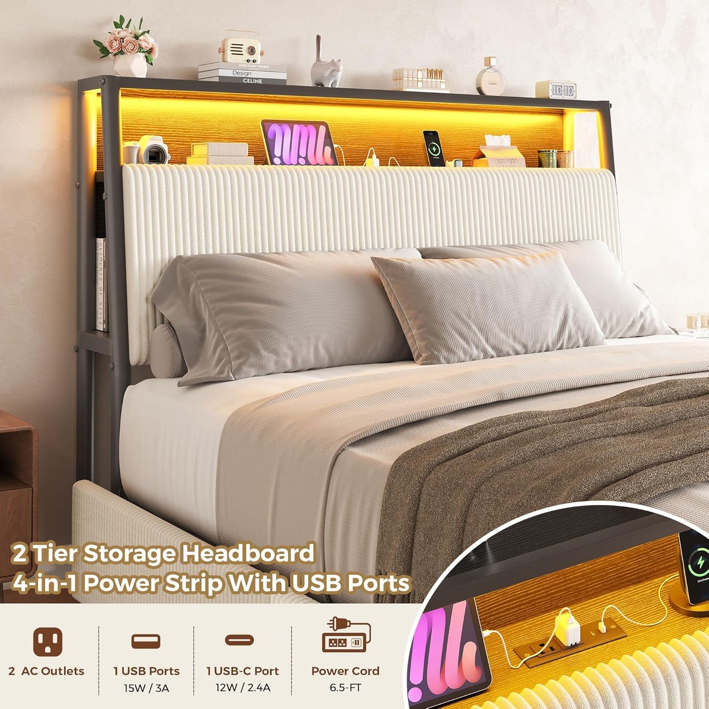 Upholstered Queen LED Bed Frame with 2 Storage Drawers and Charging Station, Corduroy Platform Bed with 3-Tier Storage Bookcase Headboard, Heavy Duty Metal Support, No Box Spring Needed - Beige