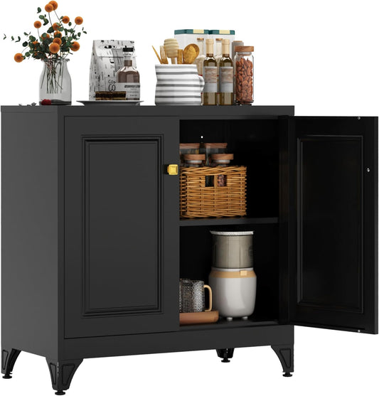 Buffet Cabinet with Storage, 33" H Metal Sideboard Cabinet 2 Doors, Black Kitchen Pantry with Adjustable Shelf, Coffee Bar Cabinets, Small Sideboard Storage for Kitchen, Living Room, Office